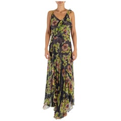 2000S ISABEL MARANT Black Bias Cut Silk Mousseline Ruffled Floral Gown