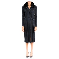 2000S ISSEY MIYAKE Black Polyester Pleated Long Trench Jacket With Faux Fur Col