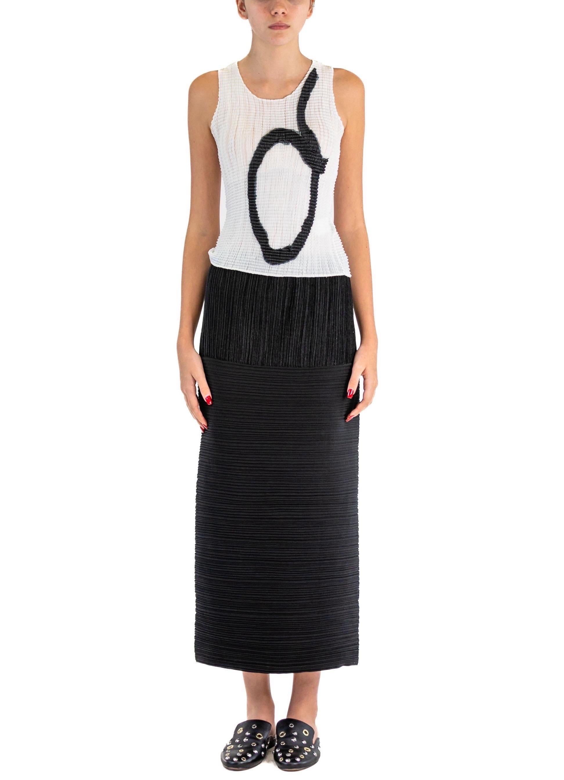 2000S ISSEY MIYAKE Black & White Polyester Double Pleated Tank Top Velvet Skirt Ensemble With Appliqué Shapes