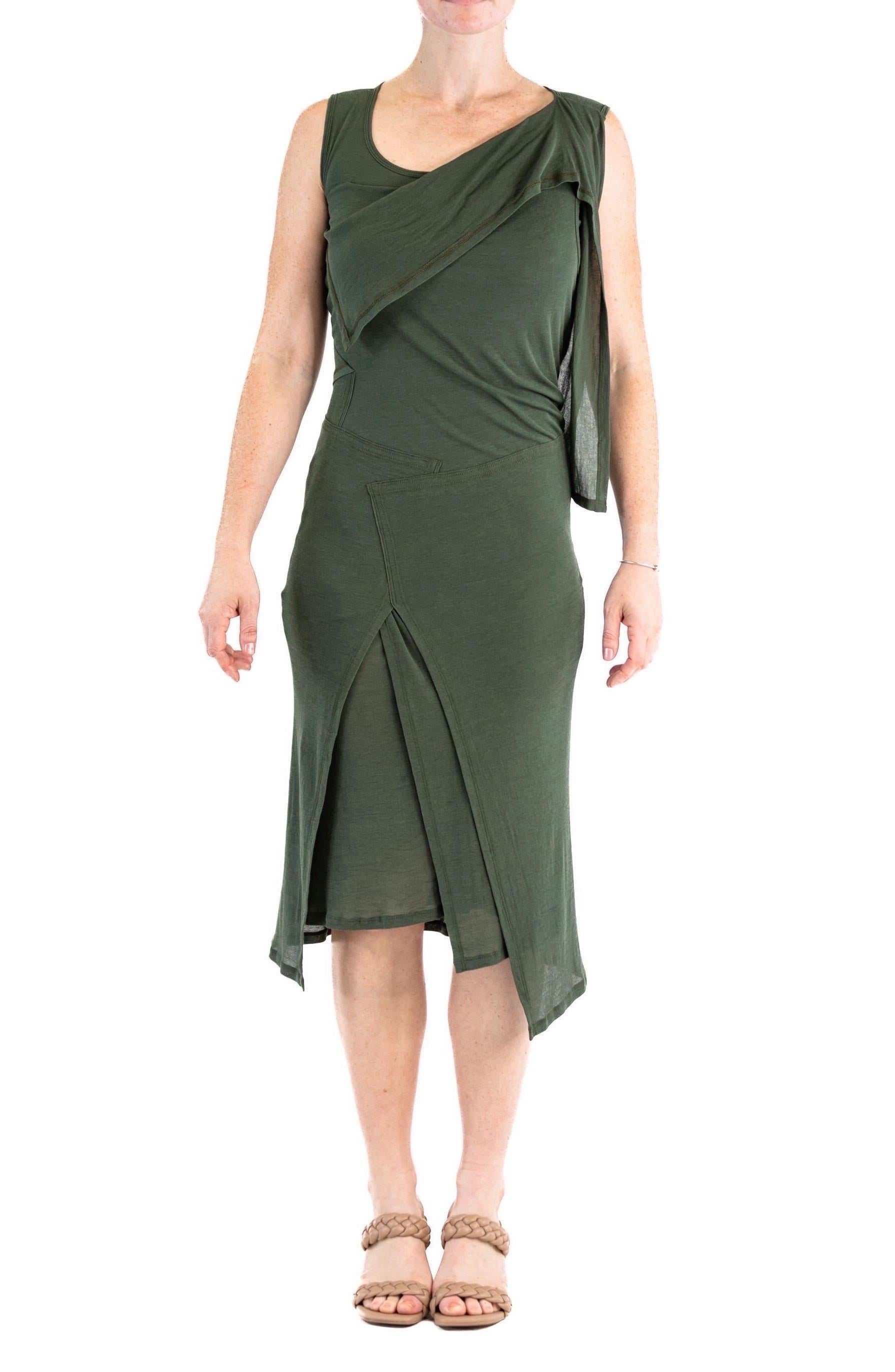 2000S ISSEY MIYAKE Olive Green Rayon Knit Asymmetrically Draped Dress In Excellent Condition In New York, NY