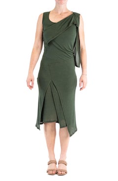 2000S ISSEY MIYAKE Olive Green Rayon Knit Asymmetrically Draped Dress