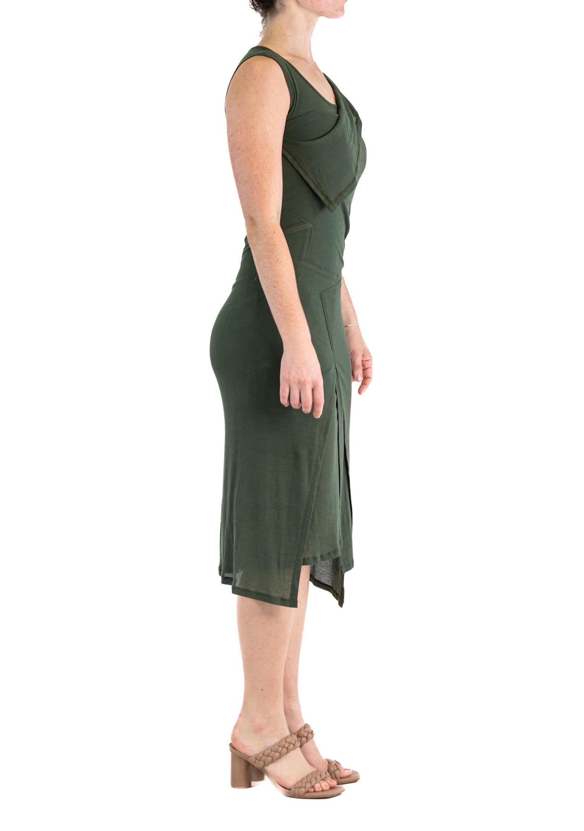 2000S ISSEY MIYAKE Olive Green Rayon Knit Asymmetrically Draped Dress 1