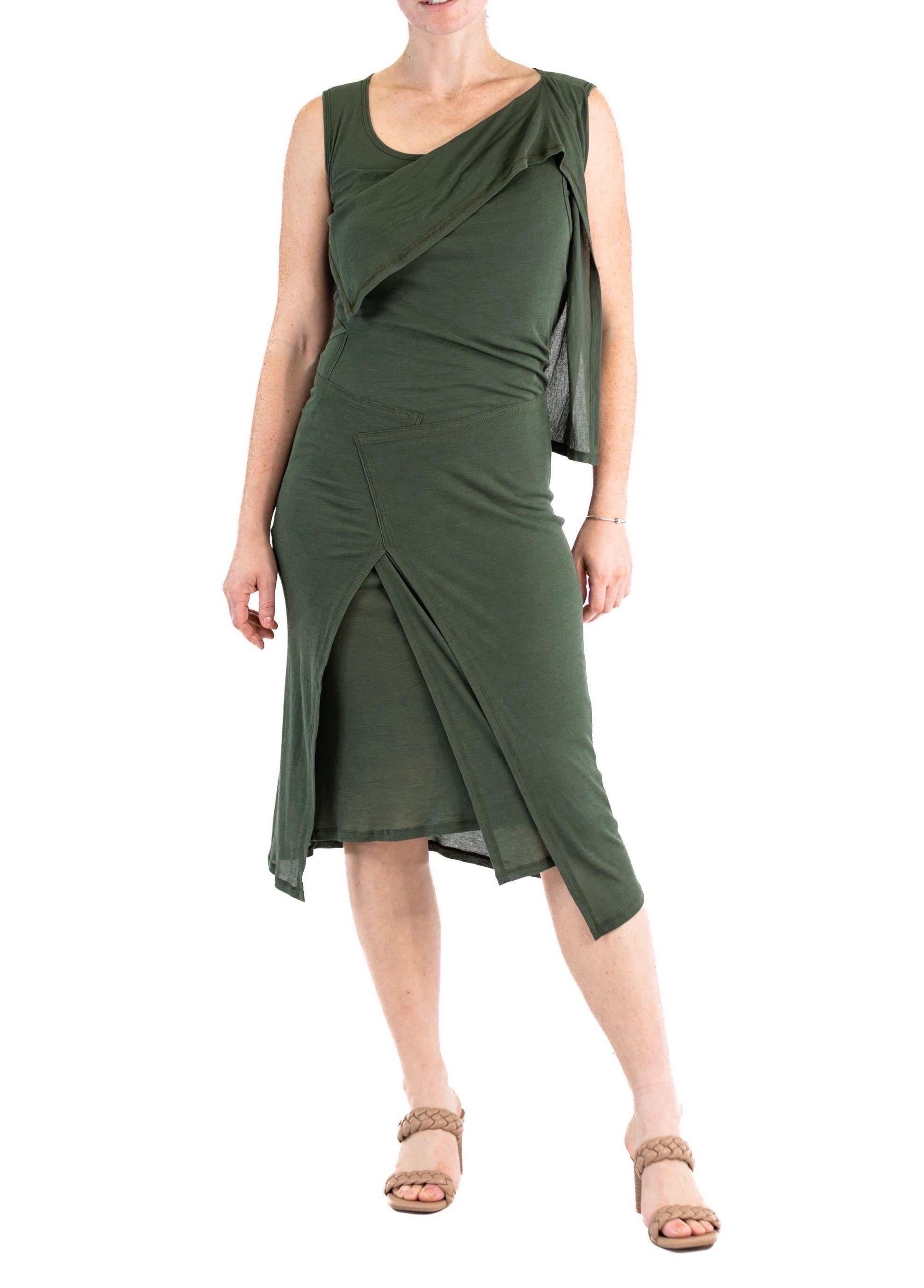 2000S ISSEY MIYAKE Olive Green Rayon Knit Asymmetrically Draped Dress 2