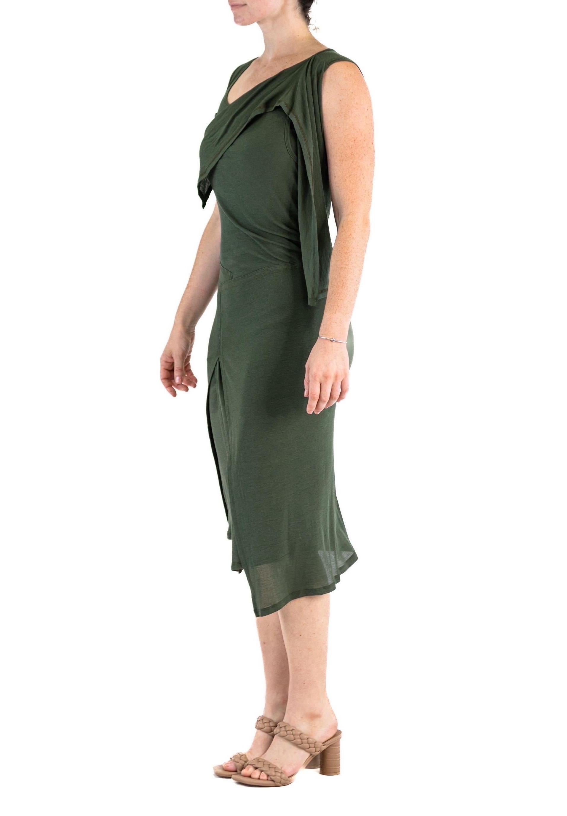 2000S ISSEY MIYAKE Olive Green Rayon Knit Asymmetrically Draped Dress 3