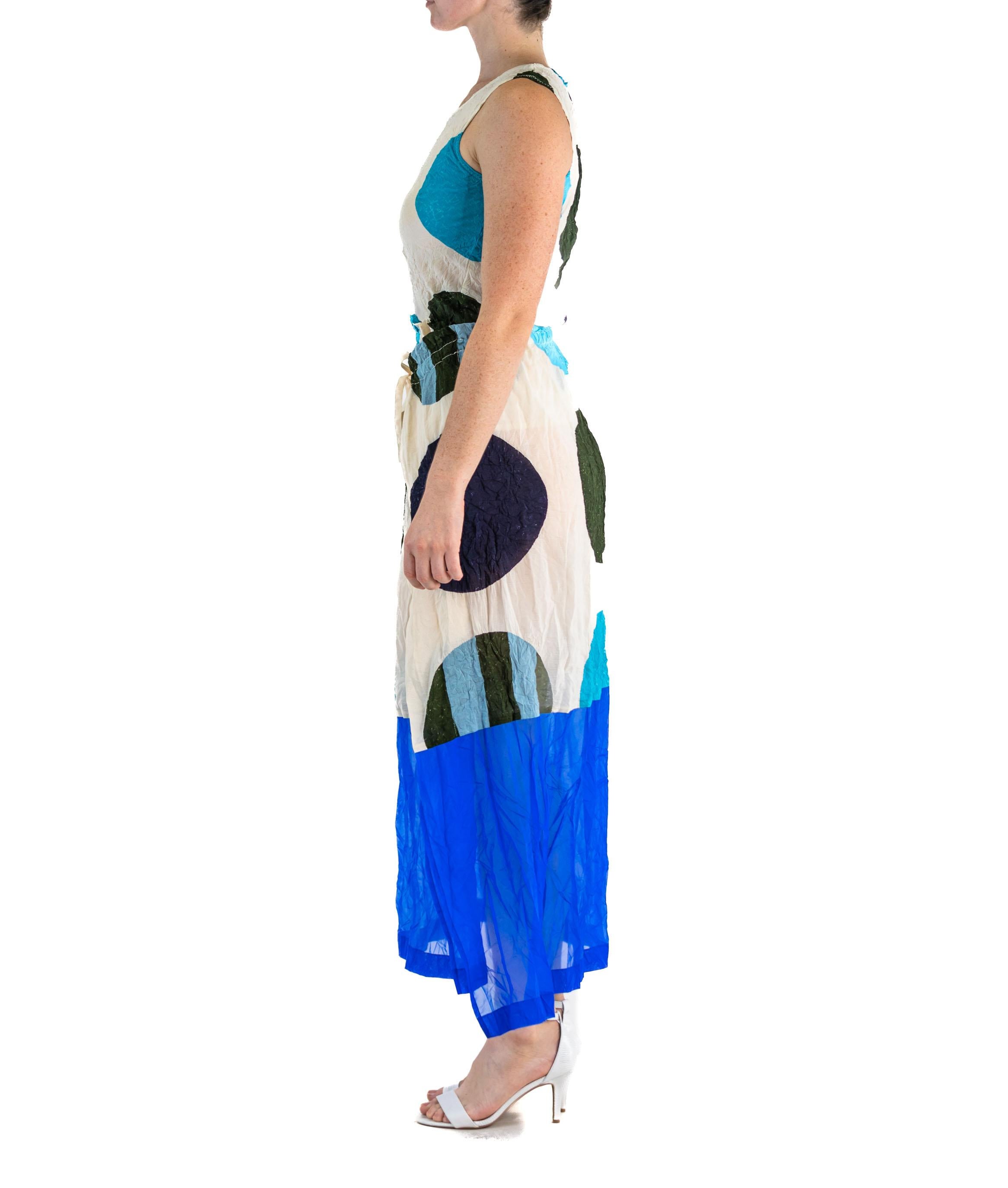 2000S ISSEY MIYAKE White & Blue Poly Blend Circle Print Textured Tank Top And Wrap Skirt Ensemble
