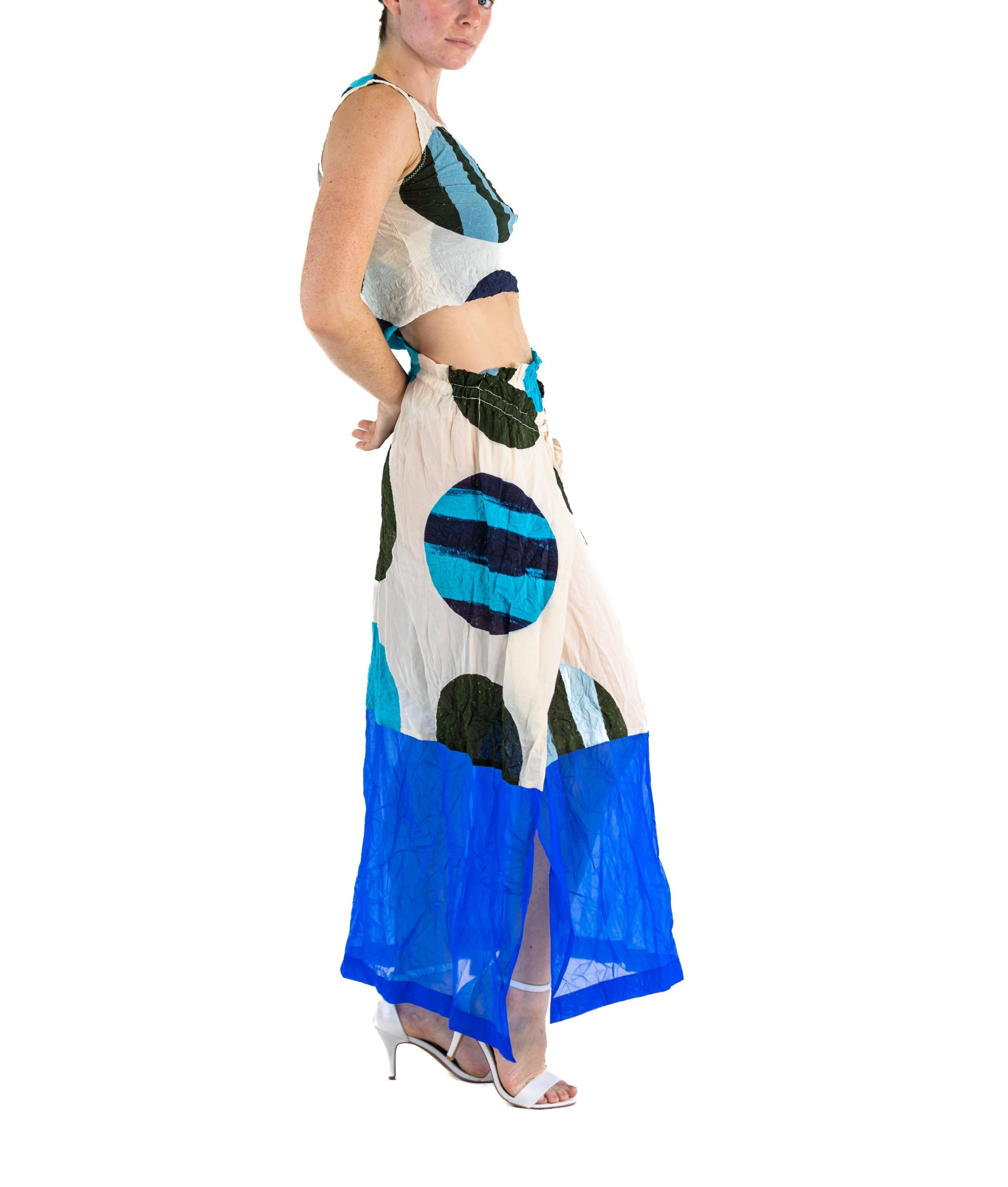2000S ISSEY MIYAKE White & Blue Poly Blend Circle Print Textured Tank Top And W For Sale 3