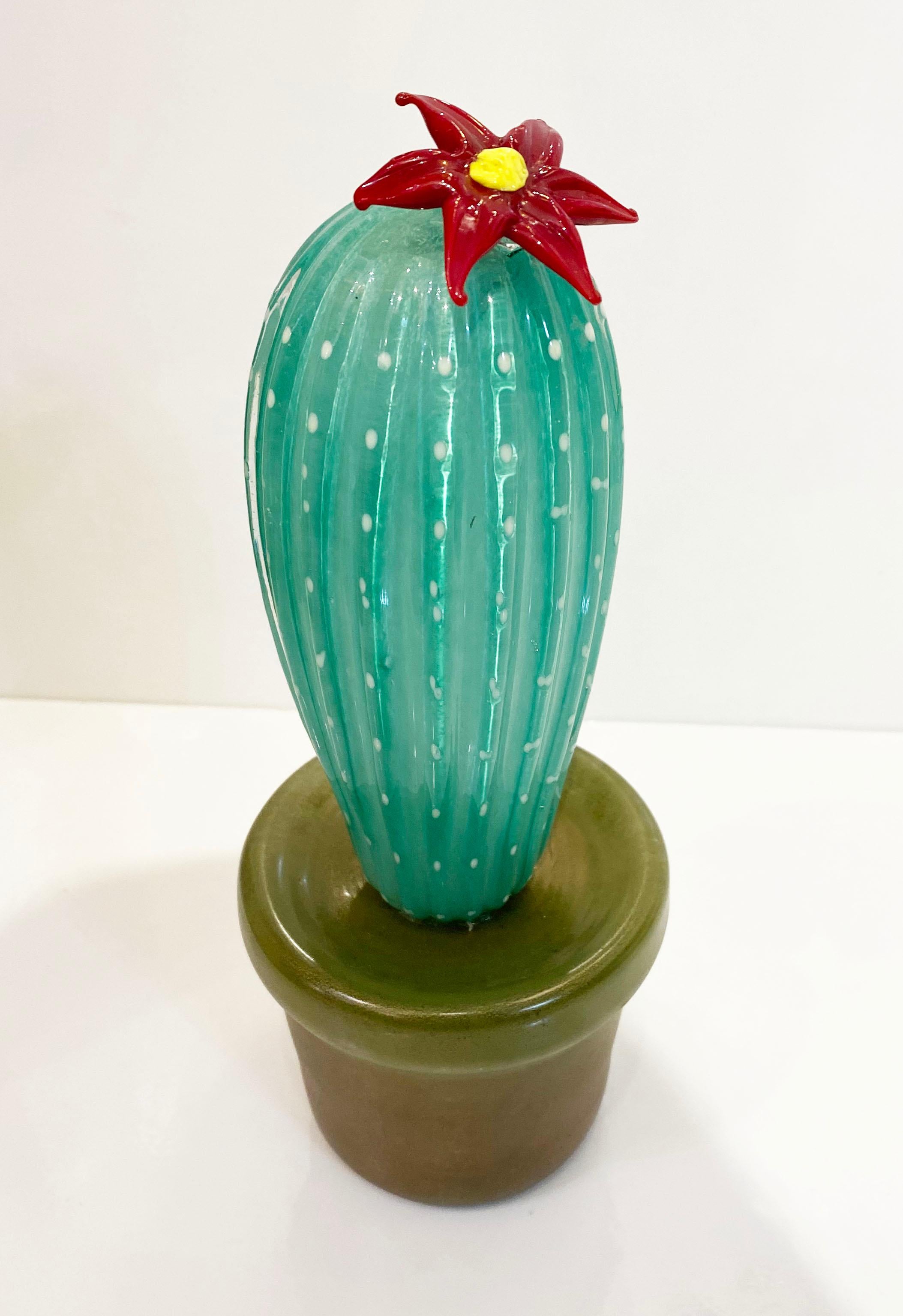 2000s Italian Green Gold Murano Art Glass Cactus Plant with Red Yellow Flower For Sale 1