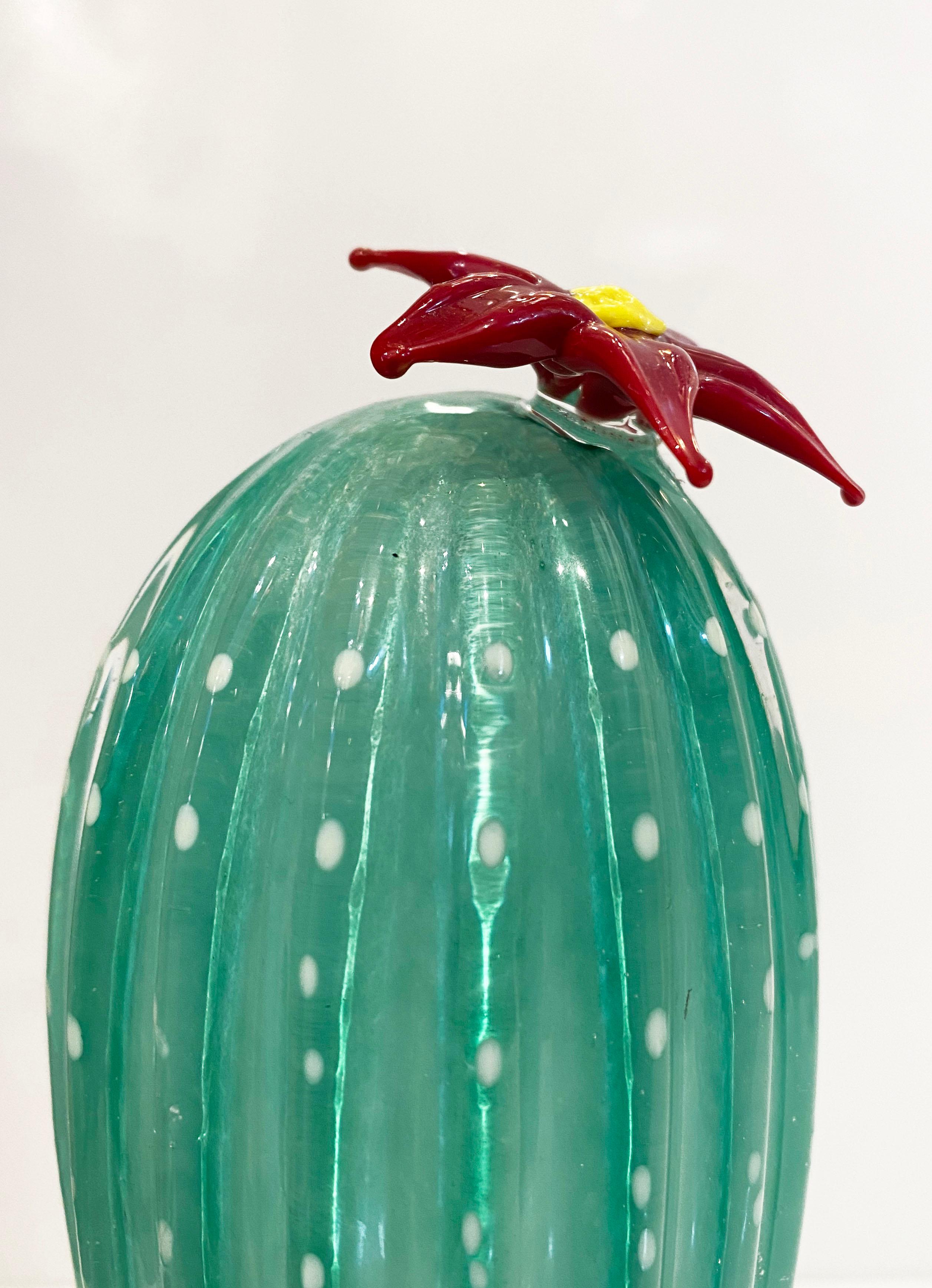 2000s Italian Green Gold Murano Art Glass Cactus Plant with Red Yellow Flower For Sale 2