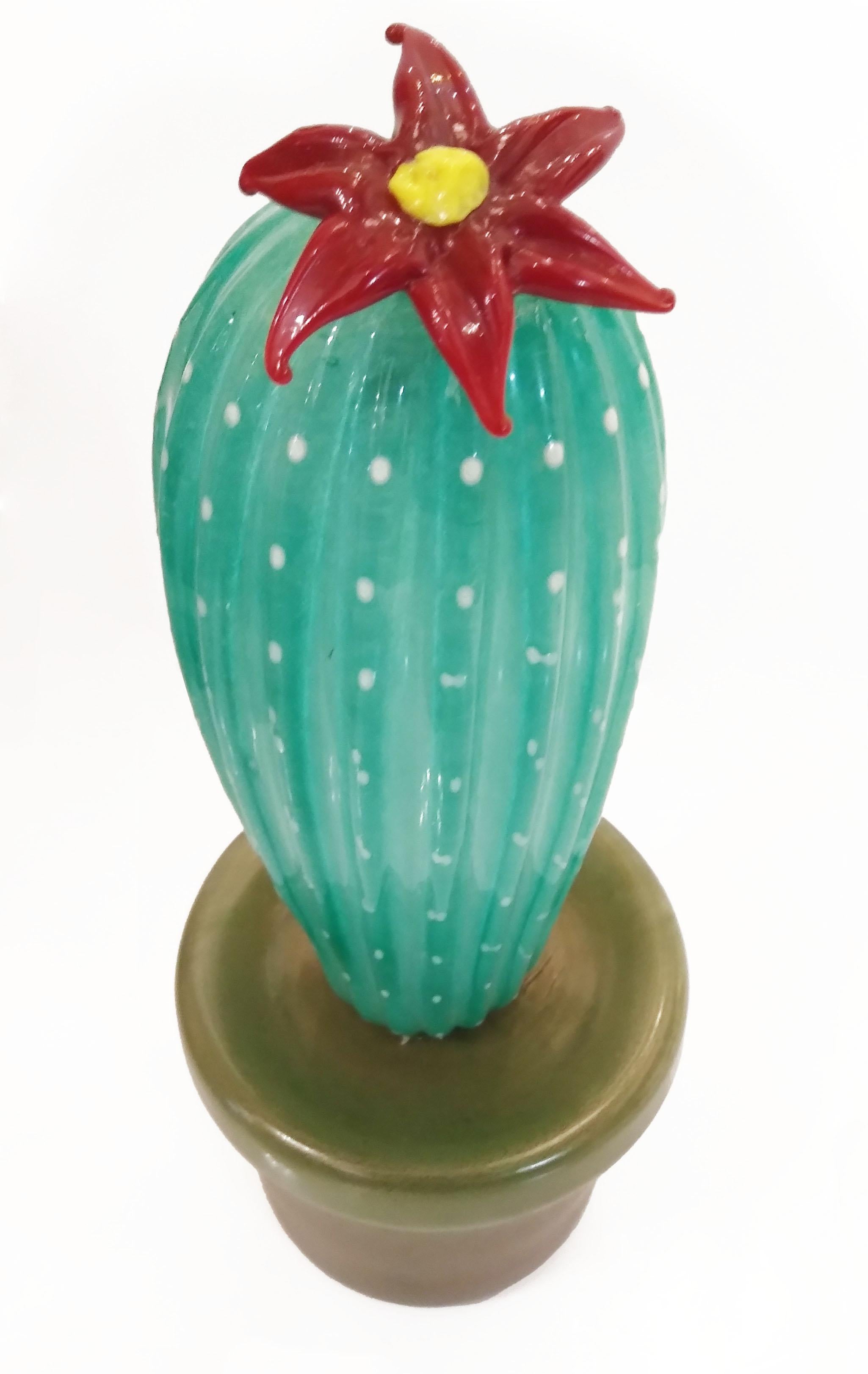 2000s Italian Green Gold Murano Art Glass Cactus Plant with Red Yellow Flower For Sale 5