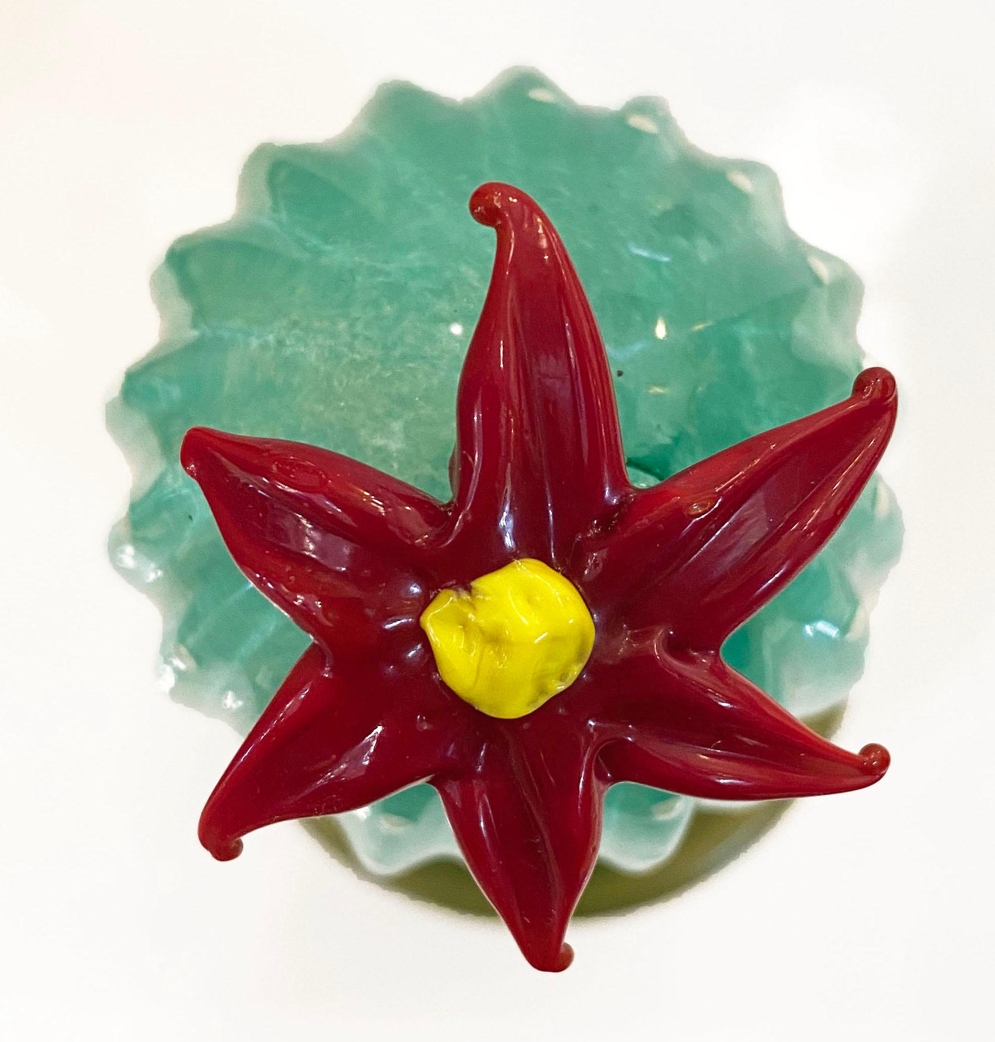 Organic Modern 2000s Italian Green Gold Murano Art Glass Cactus Plant with Red Yellow Flower For Sale