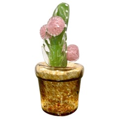 2000s Italian Green Murano Art Glass Cactus Plant with Pink Flowers in Amber Pot