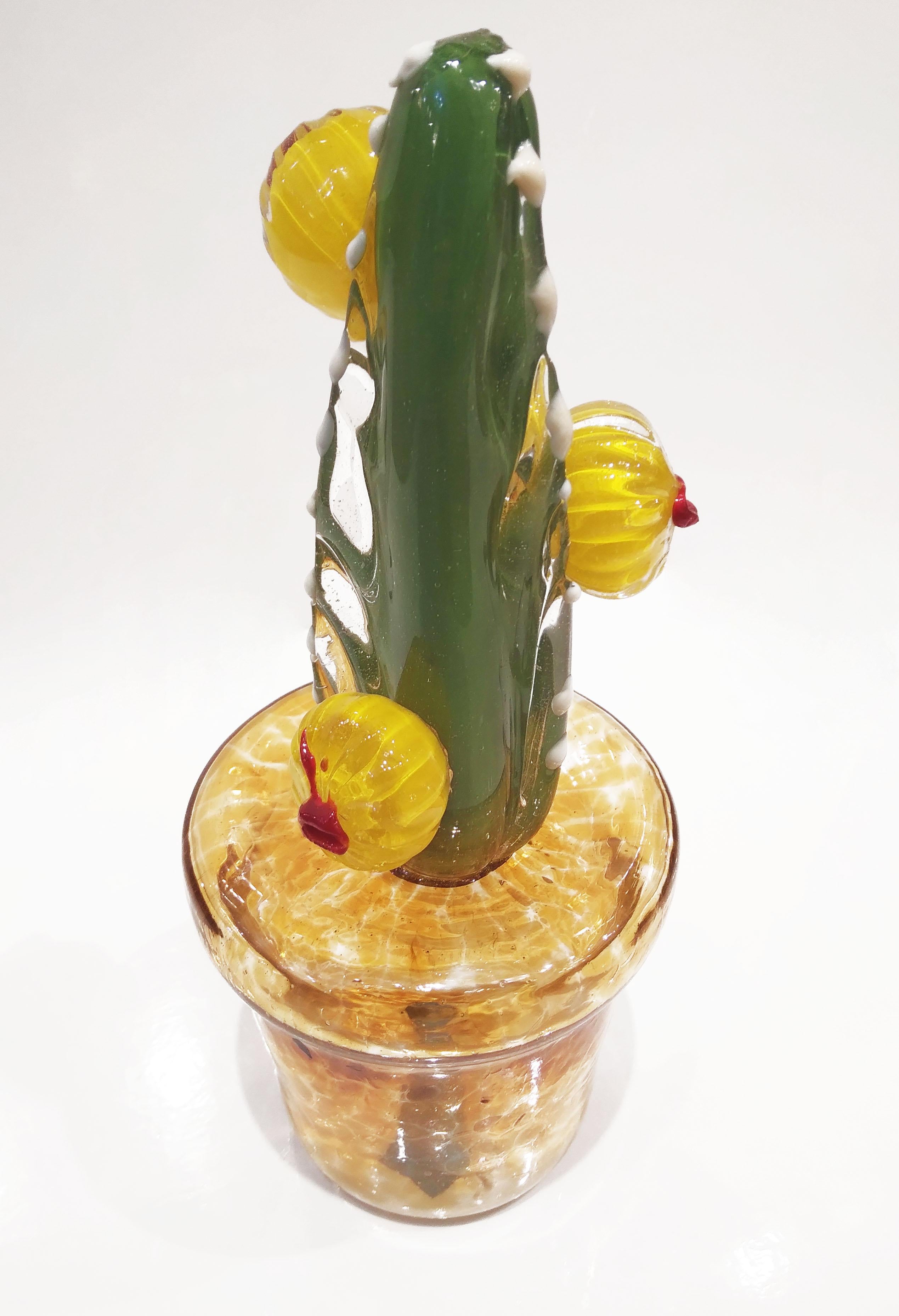 2000s Italian Green Murano Glass Cactus Plant with Yellow Flowers in Gold Pot For Sale 2