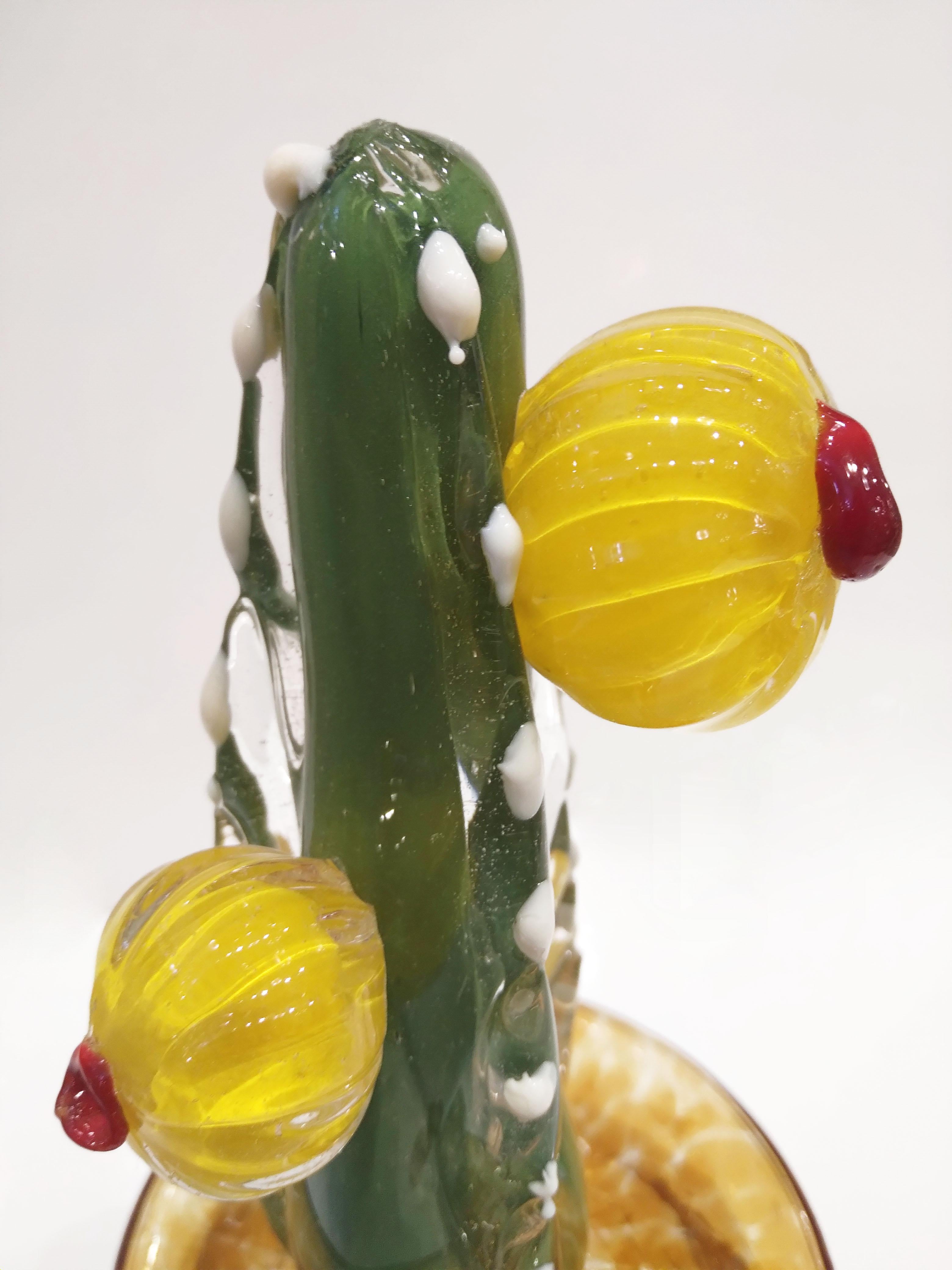 2000s Italian Green Murano Glass Cactus Plant with Yellow Flowers in Gold Pot For Sale 6