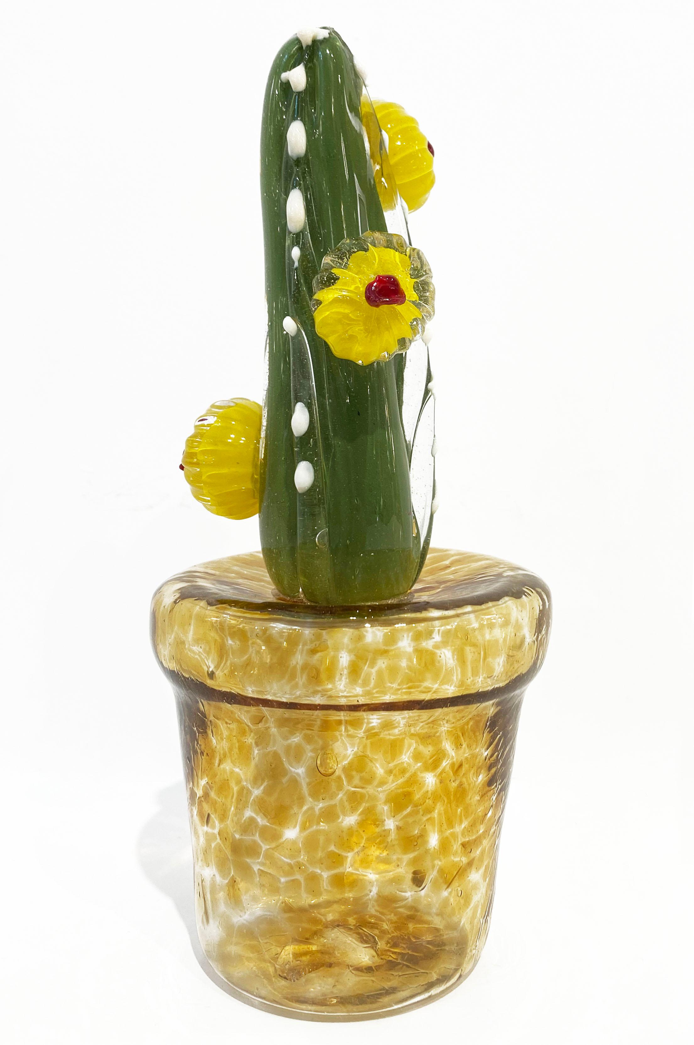 2000s Italian Green Murano Glass Cactus Plant with Yellow Flowers in Gold Pot For Sale 9