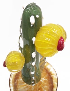 2000s Italian Green Murano Glass Cactus Plant with Yellow Flowers in Gold Pot