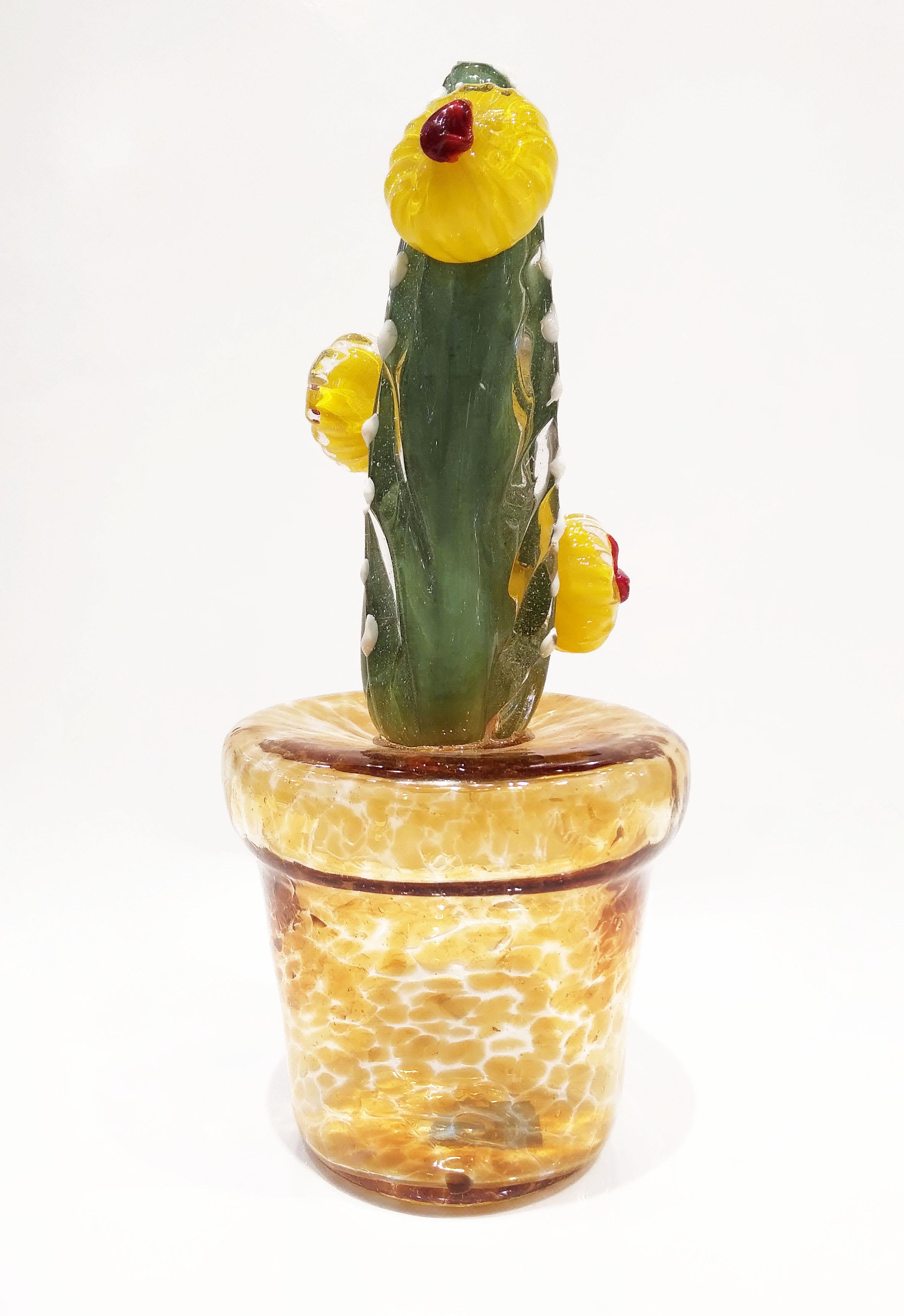 Organic Modern 2000s Italian Green Murano Glass Cactus Plant with Yellow Flowers in Gold Pot For Sale