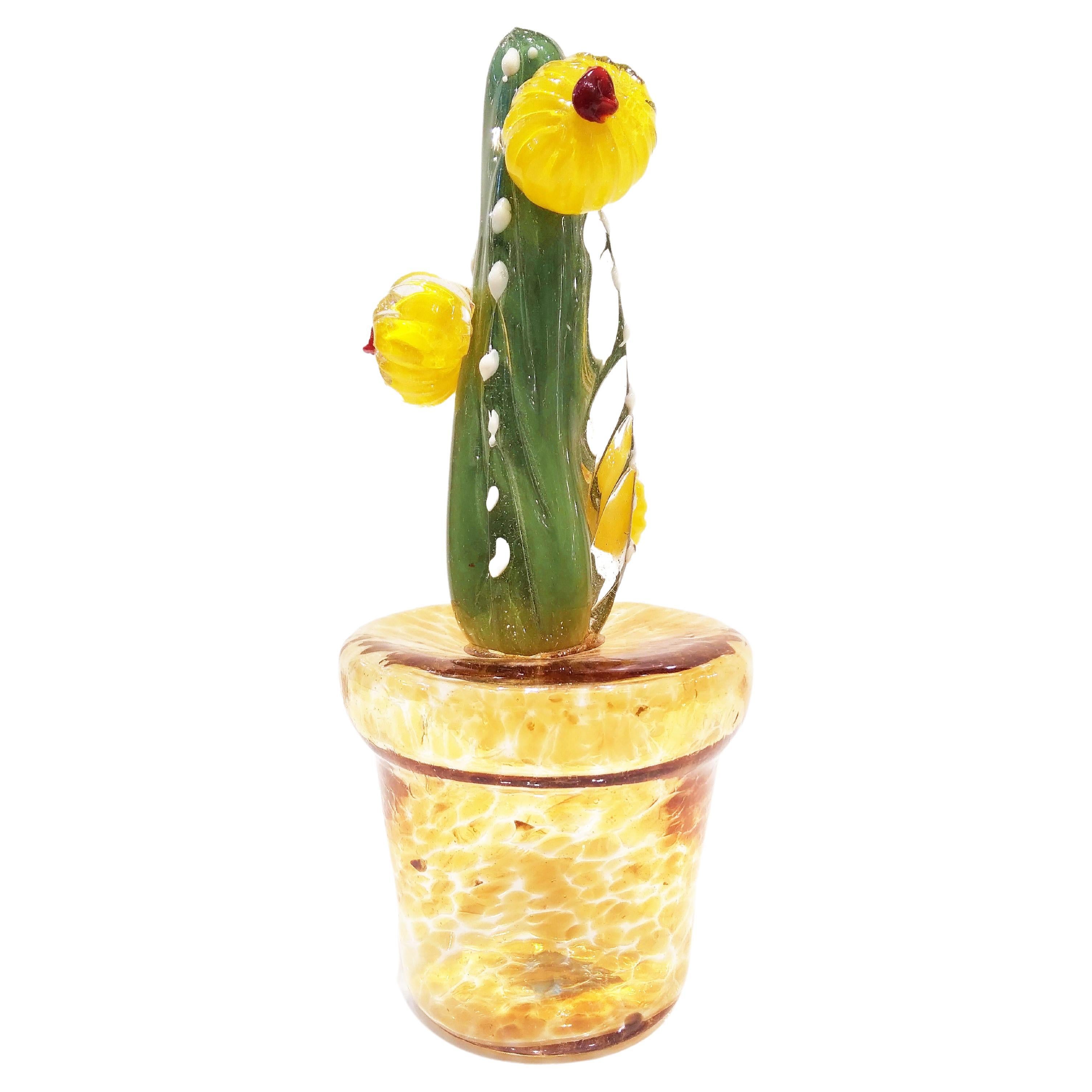 Art Glass 2000s Italian Green Murano Glass Cactus Plant with Yellow Flowers in Gold Pot For Sale