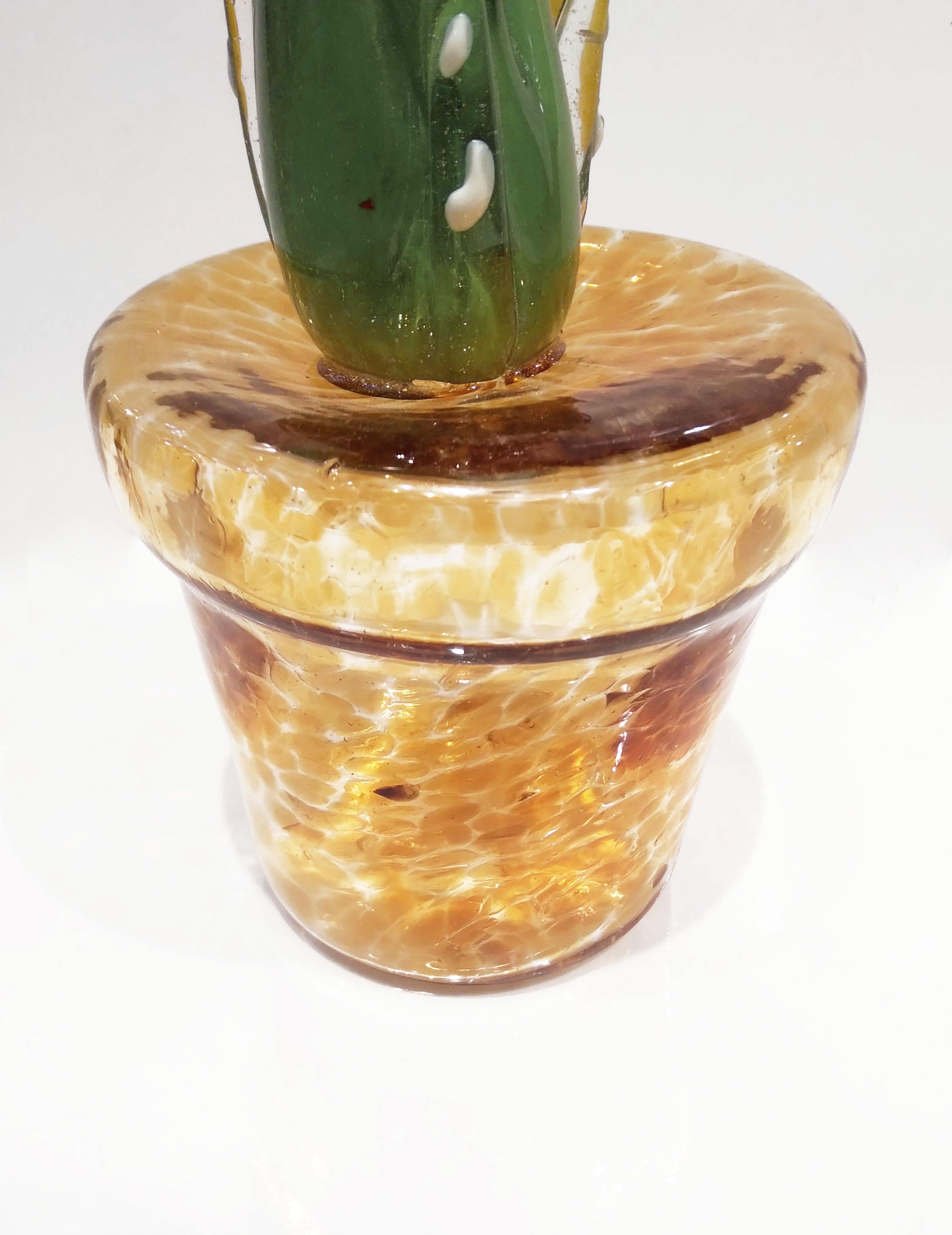 2000s Italian Green Murano Glass Cactus Plant with Yellow Flowers in Gold Pot 2
