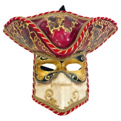 2000s Italian Hand Made Red Gold White Venetian Tricorne Carnival Mask Hat