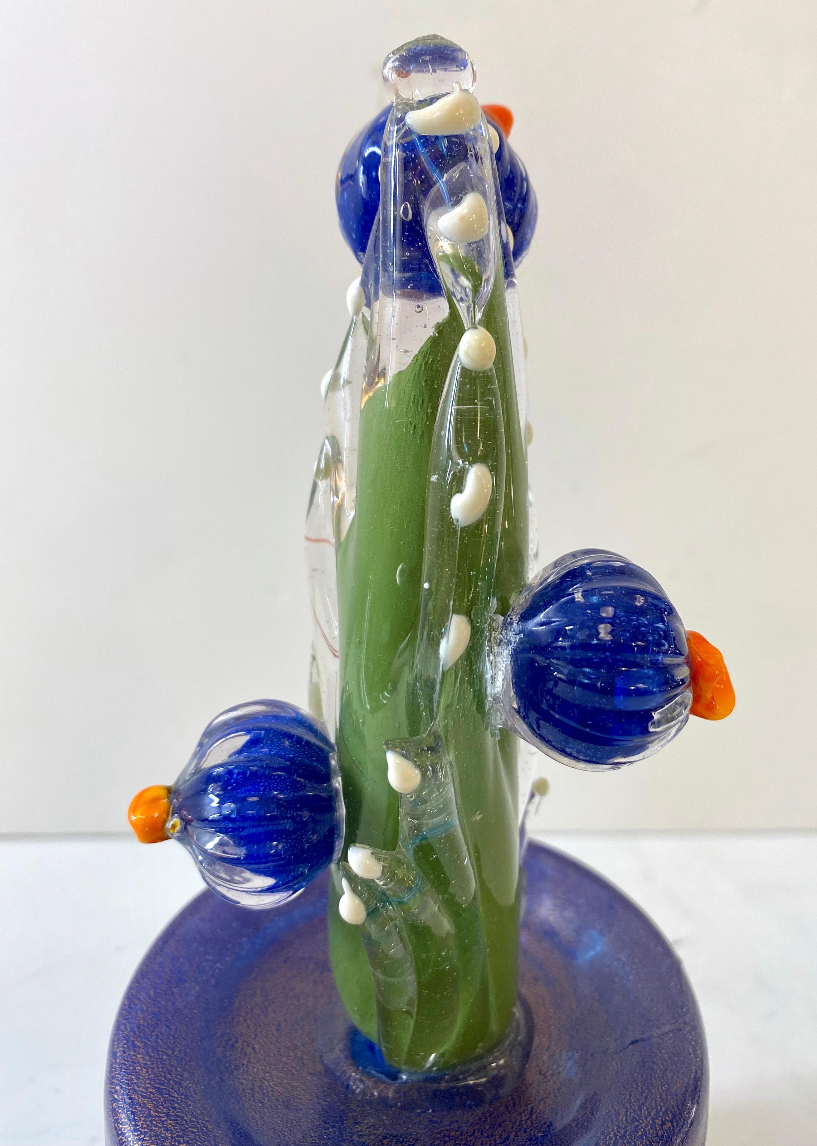 2000s Italian Moss Green Gold Murano Art Glass Cactus Plant with Blue Flowers  2