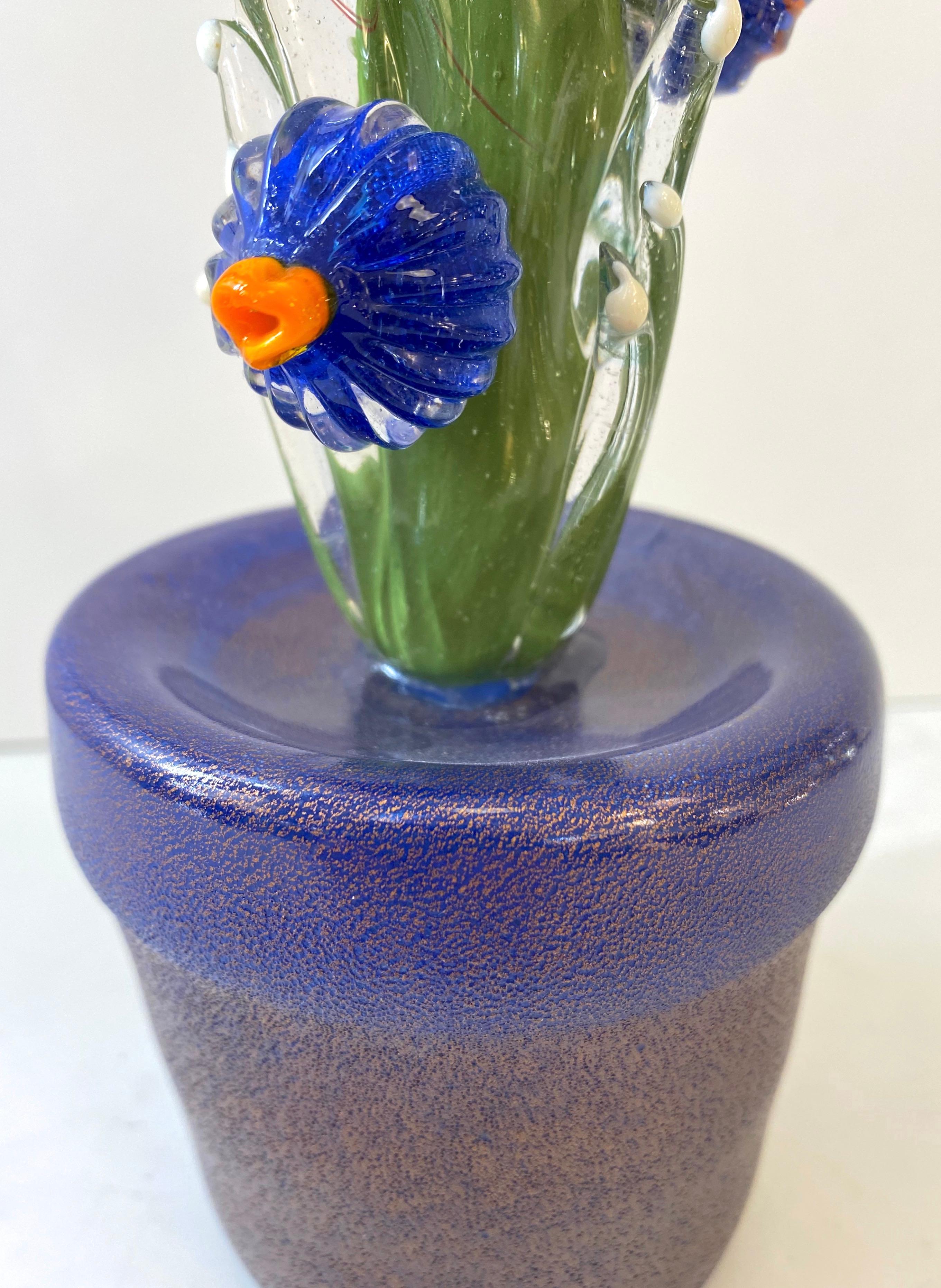 2000s Italian Moss Green Gold Murano Art Glass Cactus Plant with Blue Flowers  3