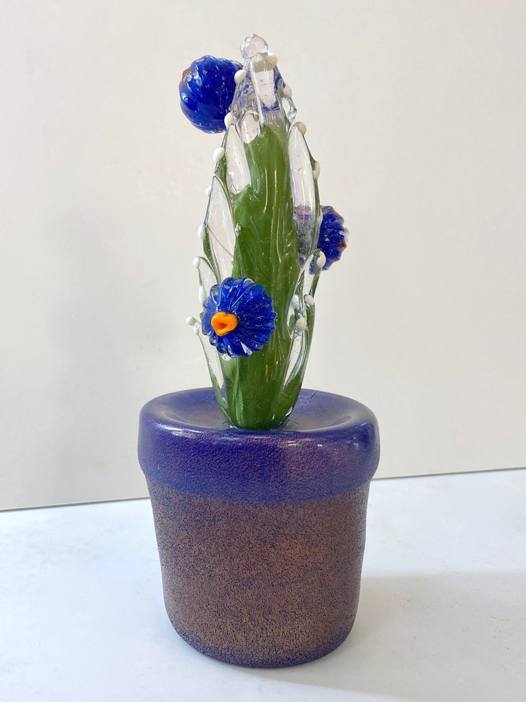 2000s Italian Moss Green Gold Murano Art Glass Cactus Plant with Blue Flowers  For Sale 7