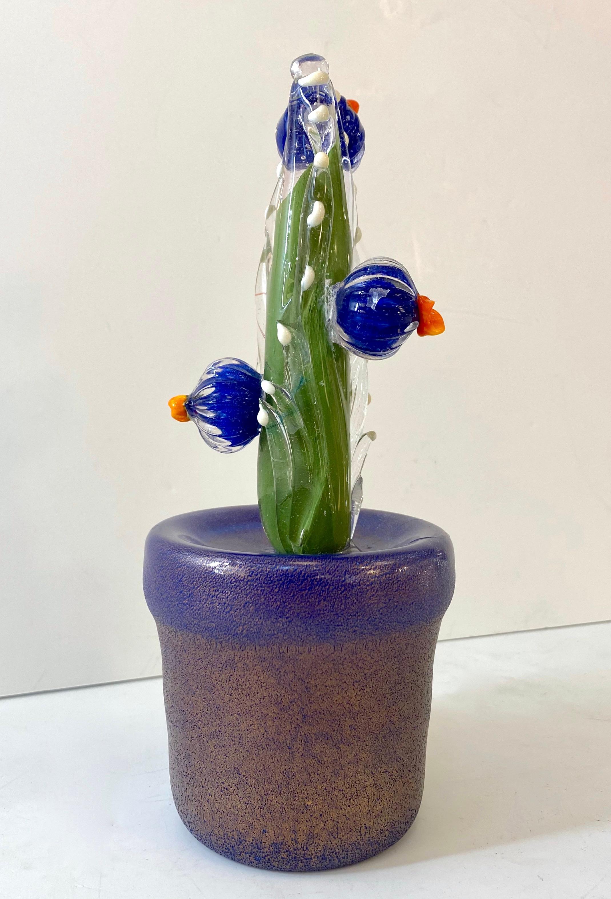 2000s Italian Moss Green Gold Murano Art Glass Cactus Plant with Blue Flowers  6