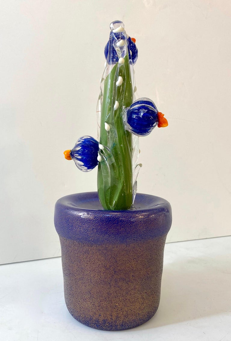 2000s Italian Moss Green Gold Murano Art Glass Cactus Plant with Blue Flowers  For Sale 8