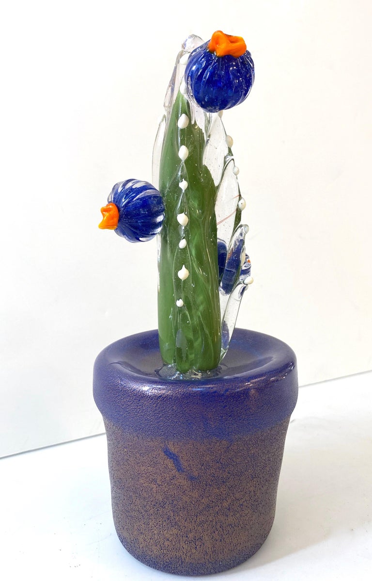Organic Modern 2000s Italian Moss Green Gold Murano Art Glass Cactus Plant with Blue Flowers  For Sale