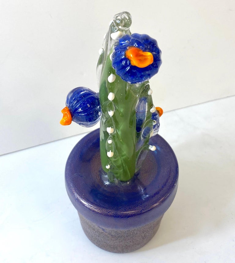 Hand-Crafted 2000s Italian Moss Green Gold Murano Art Glass Cactus Plant with Blue Flowers  For Sale