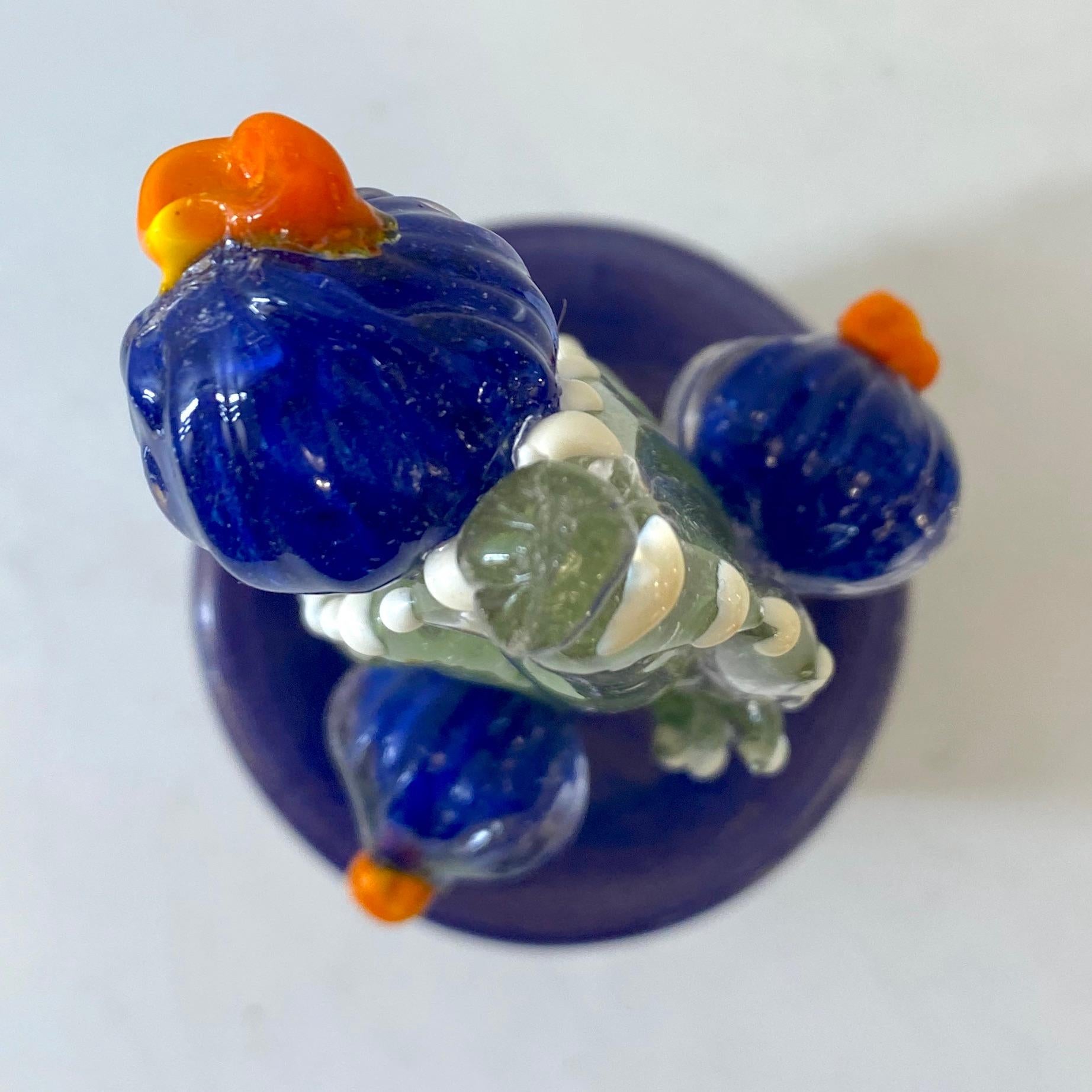 Organic Modern 2000s Italian Moss Green Gold Murano Art Glass Cactus Plant with Blue Flowers  For Sale