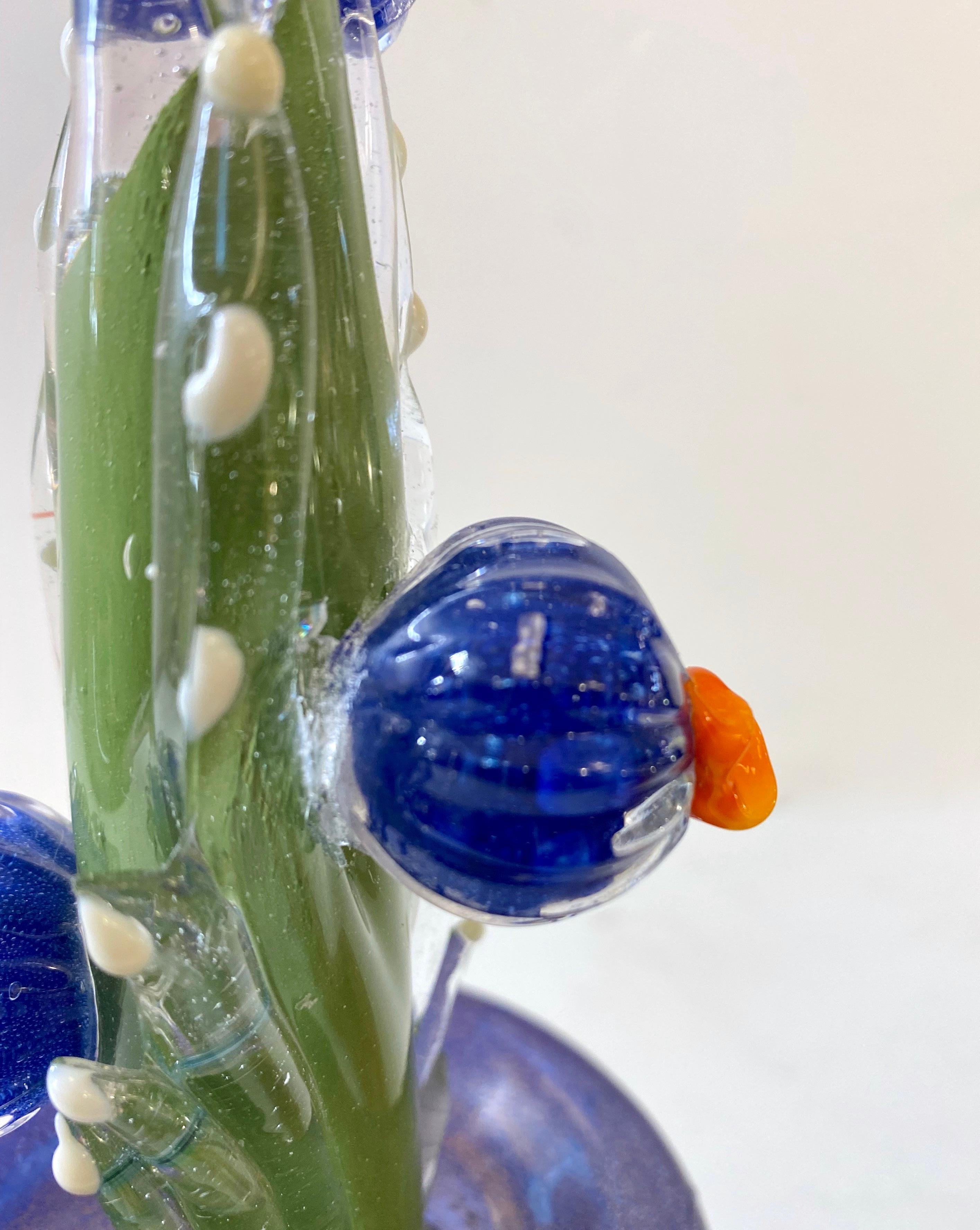 Contemporary 2000s Italian Moss Green Gold Murano Art Glass Cactus Plant with Blue Flowers  For Sale