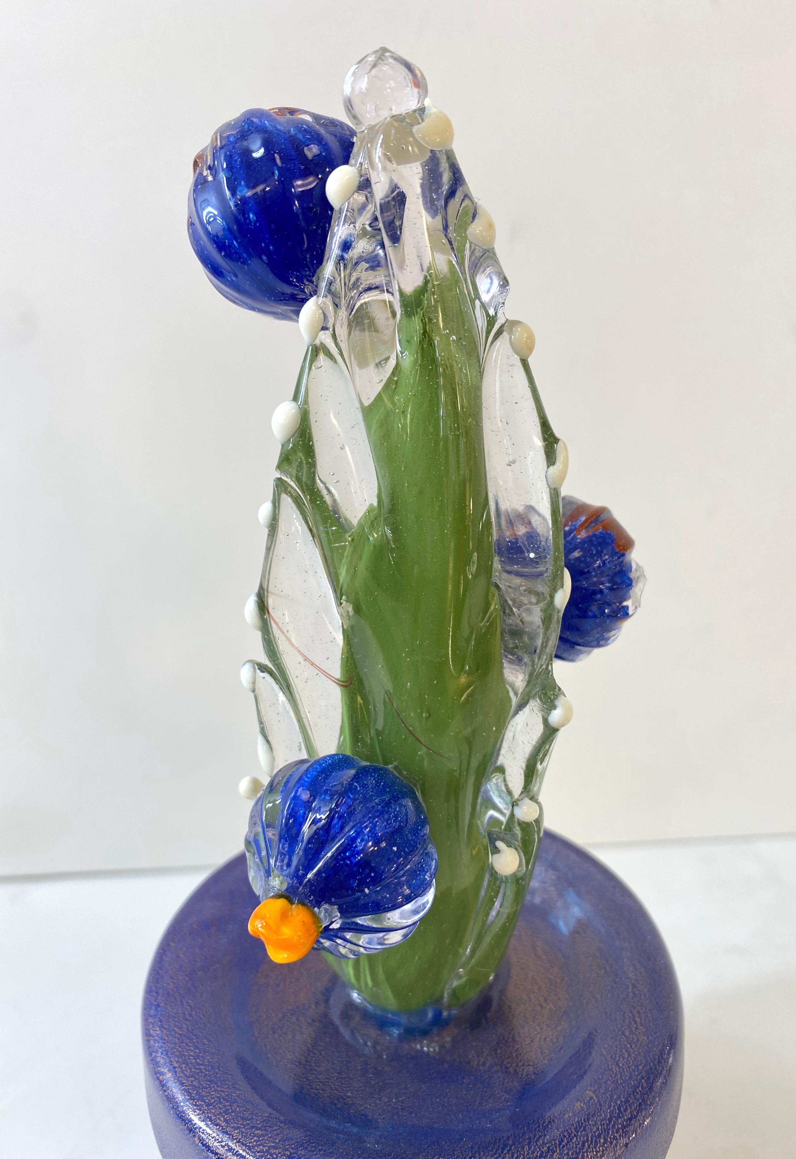 2000s Italian Moss Green Gold Murano Art Glass Cactus Plant with Blue Flowers  For Sale 1