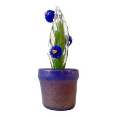 Planta de cactus con flores azules de cristal de Murano dorado verde musgo italiano de la década de 2000