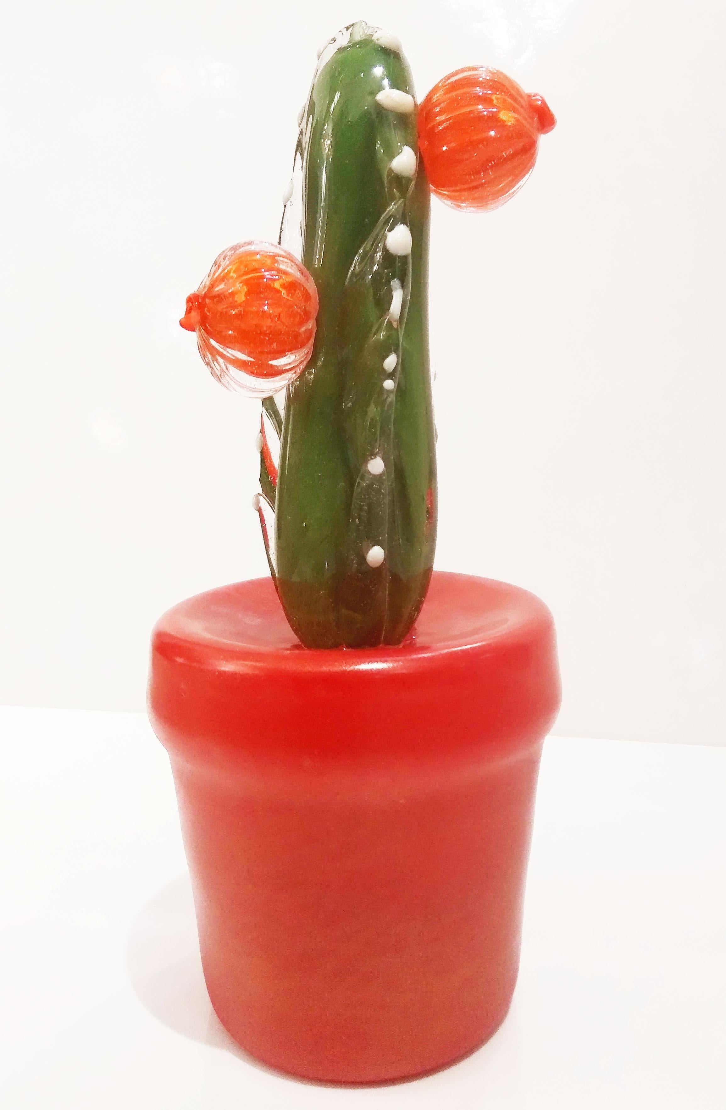 2000s Italian Moss Green Gold Murano Art Glass Cactus Plant with Orange Flowers  For Sale 3