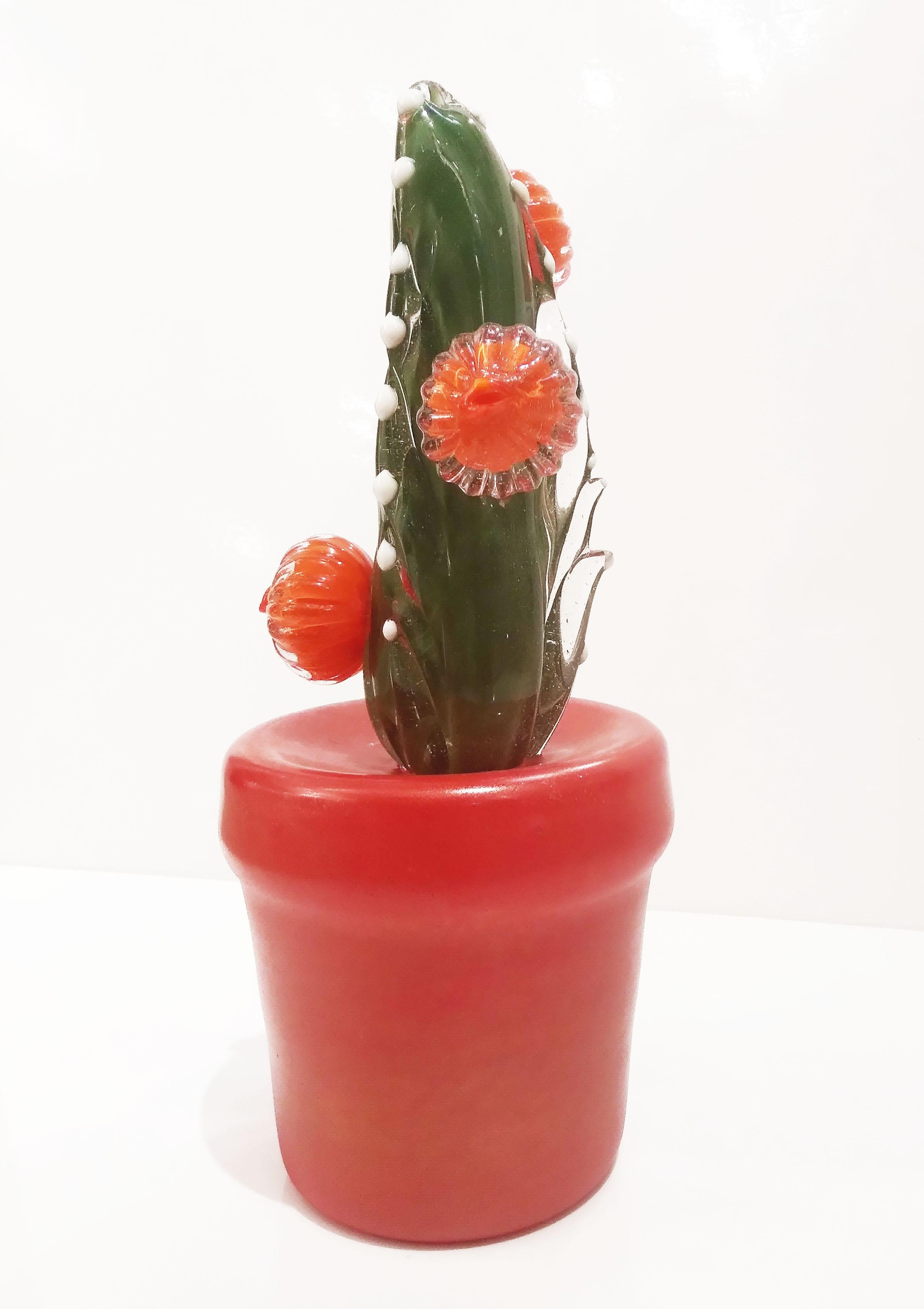 2000s Italian Moss Green Gold Murano Art Glass Cactus Plant with Orange Flowers  For Sale 4
