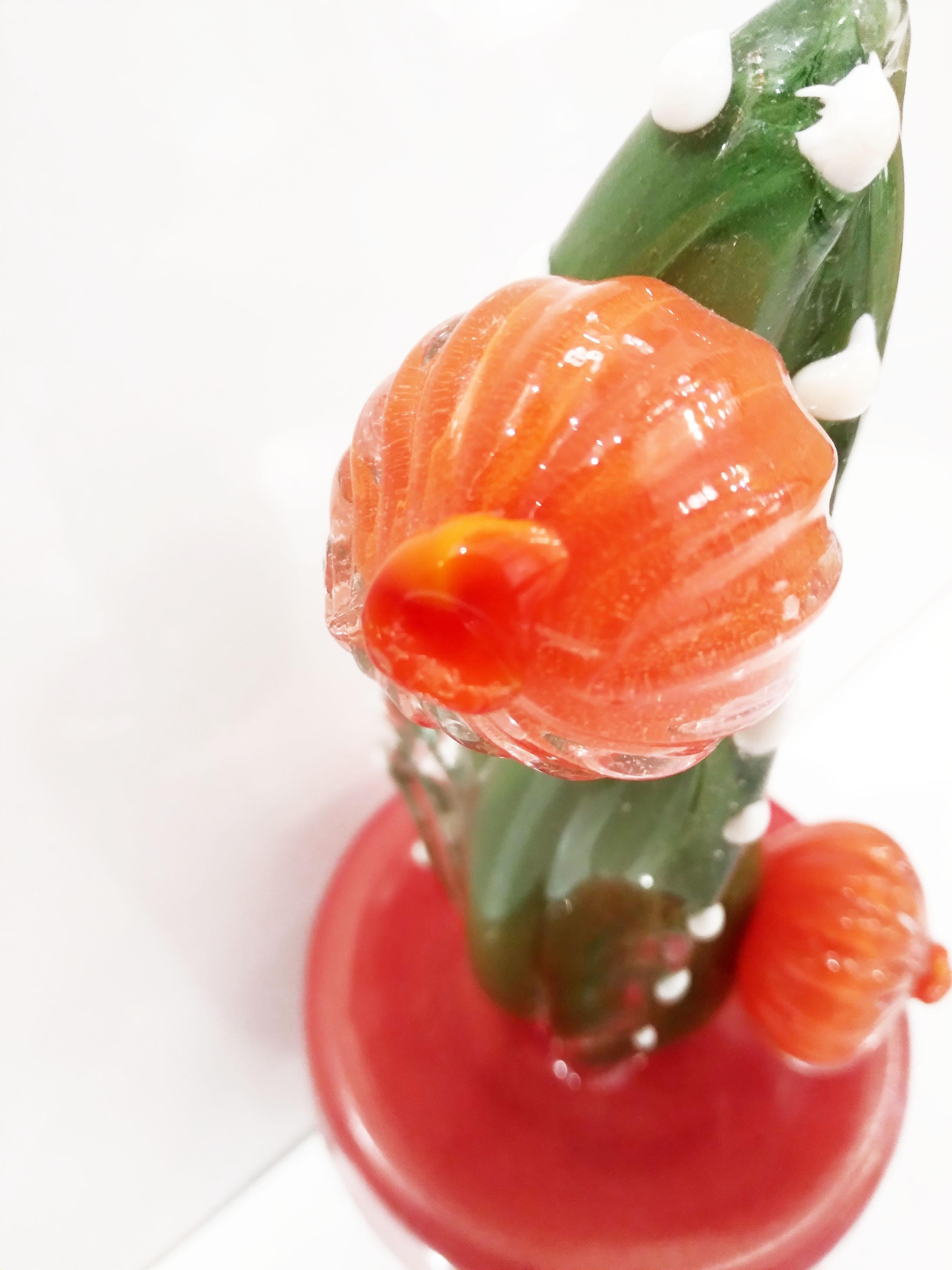 2000s Italian Moss Green Gold Murano Art Glass Cactus Plant with Orange Flowers  For Sale 5