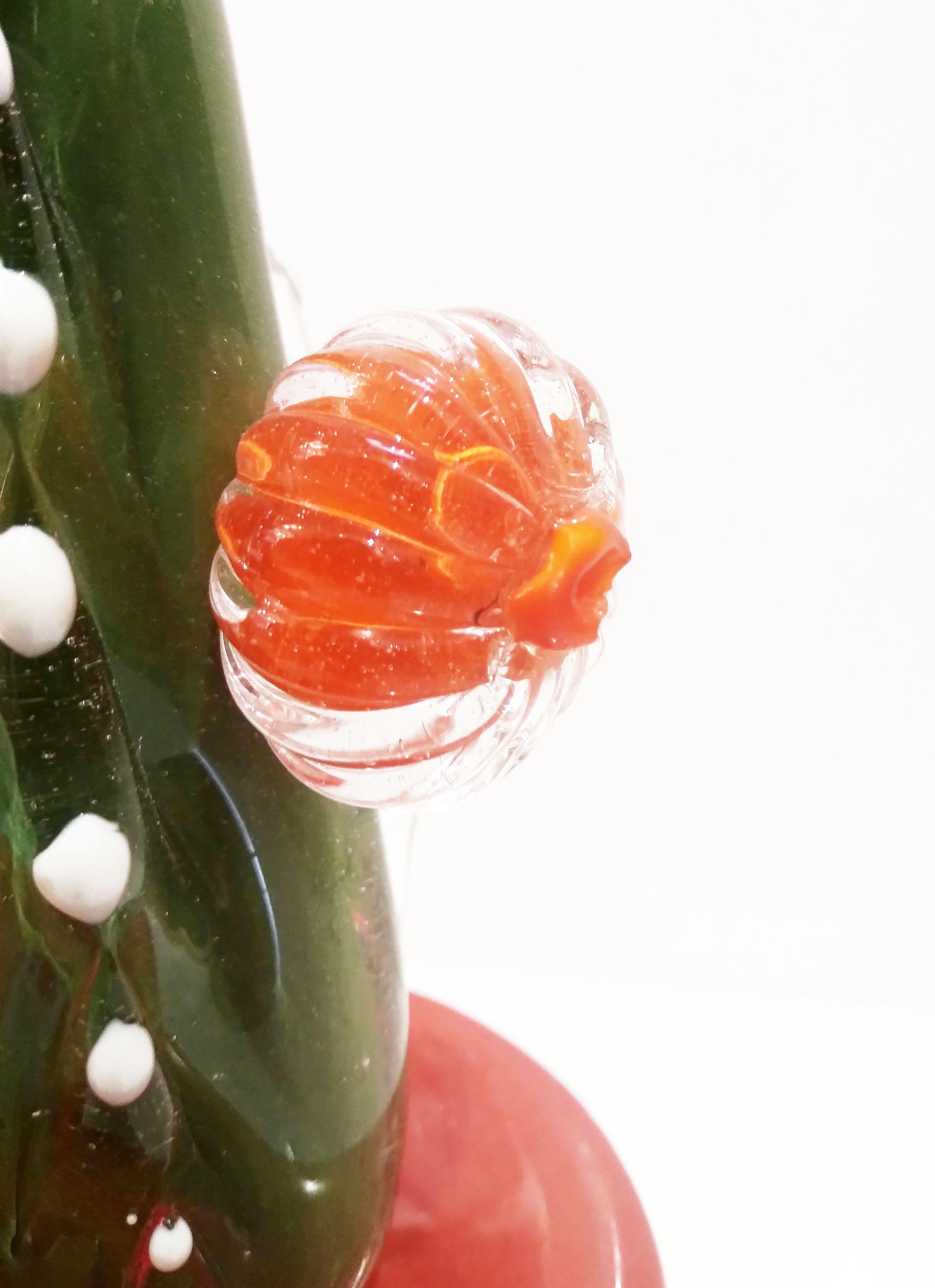 2000s Italian Moss Green Gold Murano Art Glass Cactus Plant with Orange Flowers 7