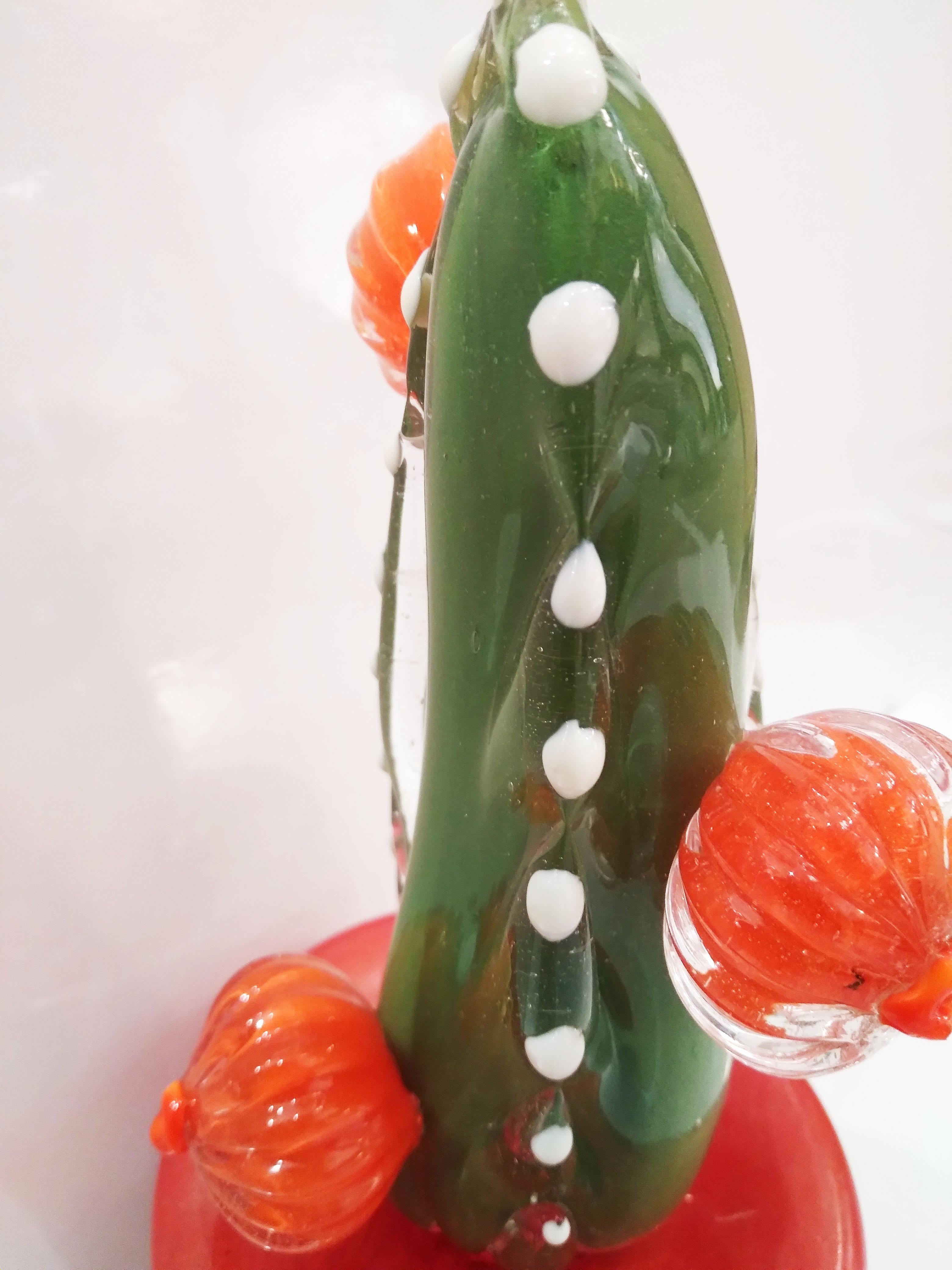 2000s Italian Moss Green Gold Murano Art Glass Cactus Plant with Orange Flowers  For Sale 8