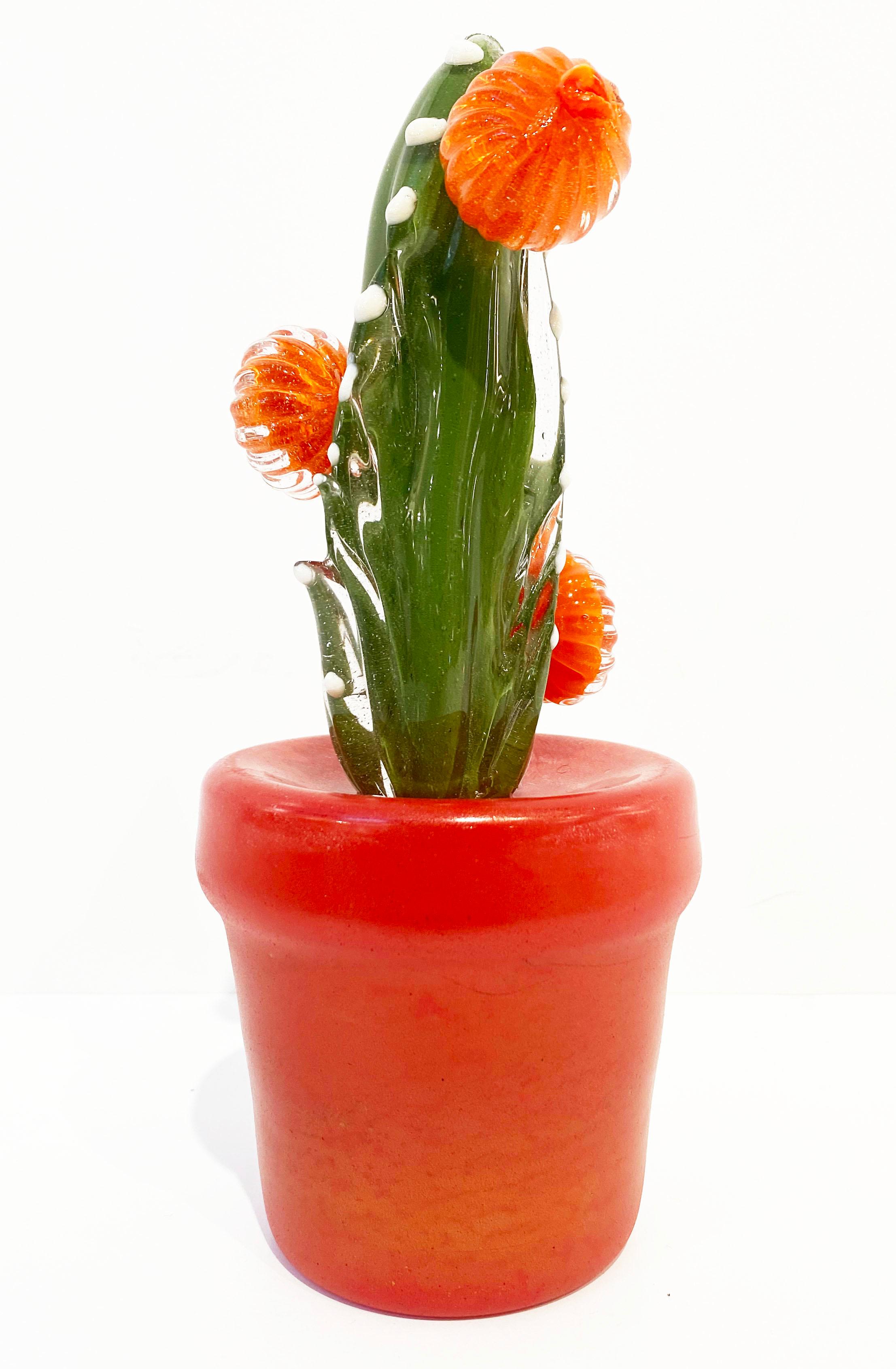 2000s Italian Moss Green Gold Murano Art Glass Cactus Plant with Orange Flowers  For Sale 9