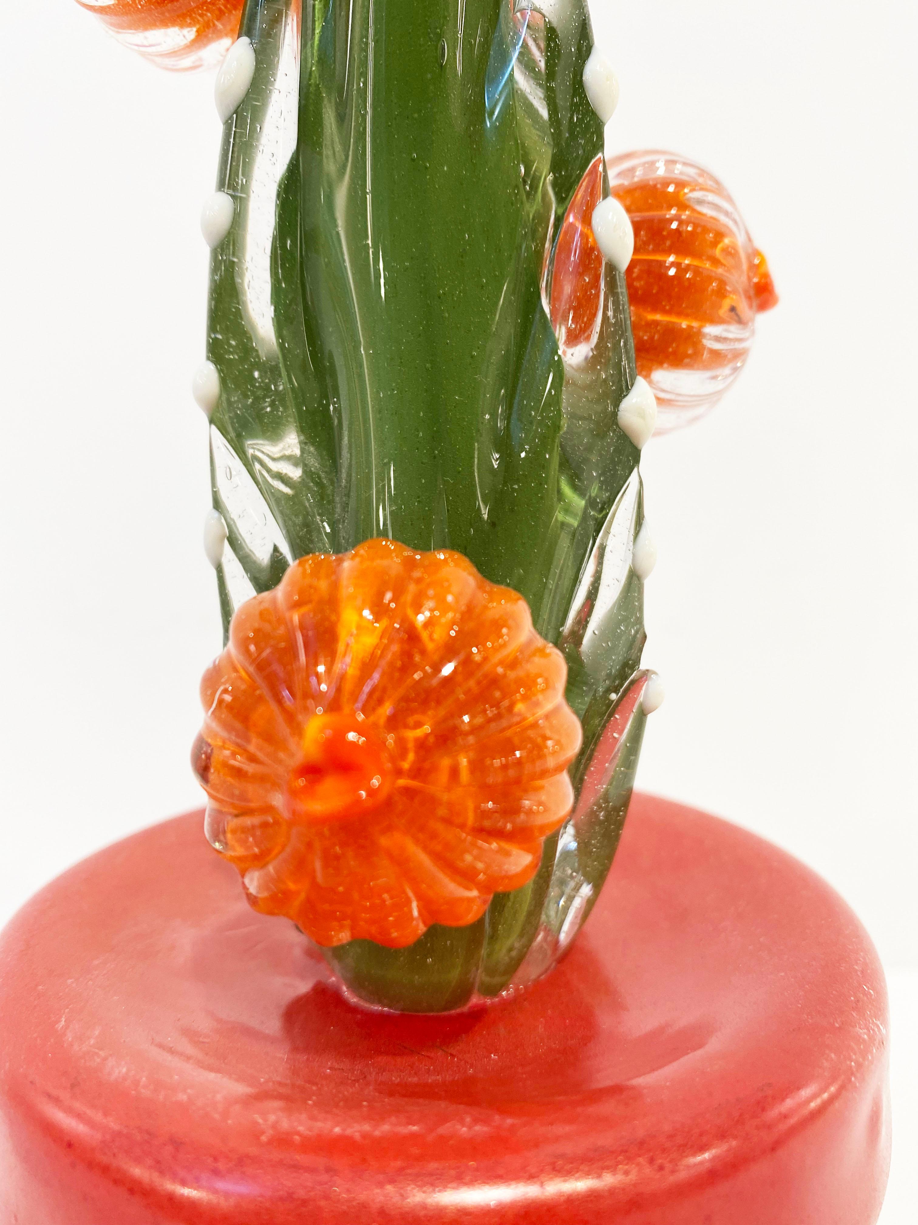 2000s Italian Moss Green Gold Murano Art Glass Cactus Plant with Orange Flowers  For Sale 11