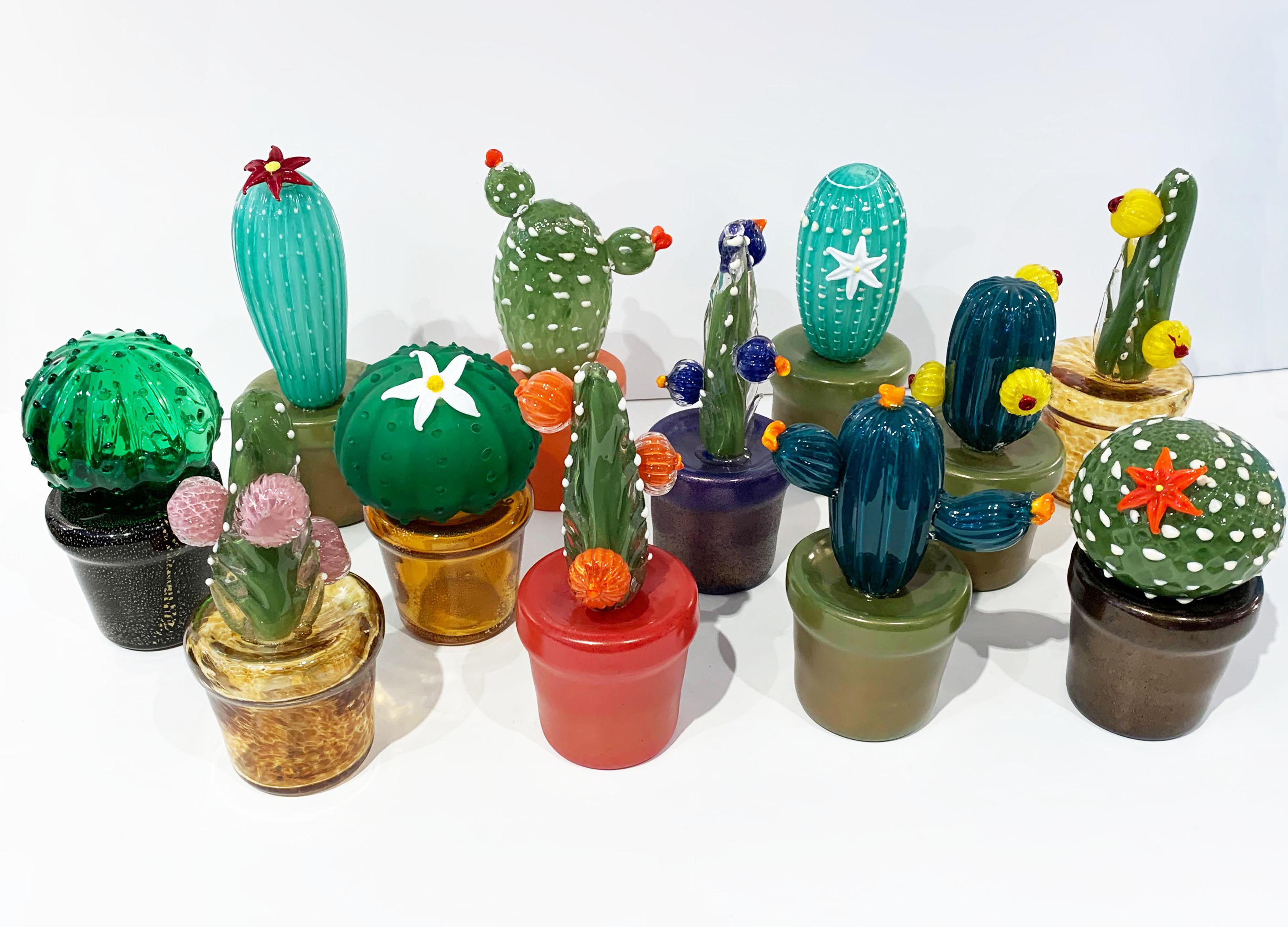 2000s Italian Moss Green Gold Murano Art Glass Cactus Plant with Orange Flowers  For Sale 1