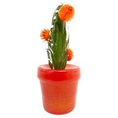 2000s Italian Moss Green Gold Murano Art Glass Cactus Plant with Orange Flowers 