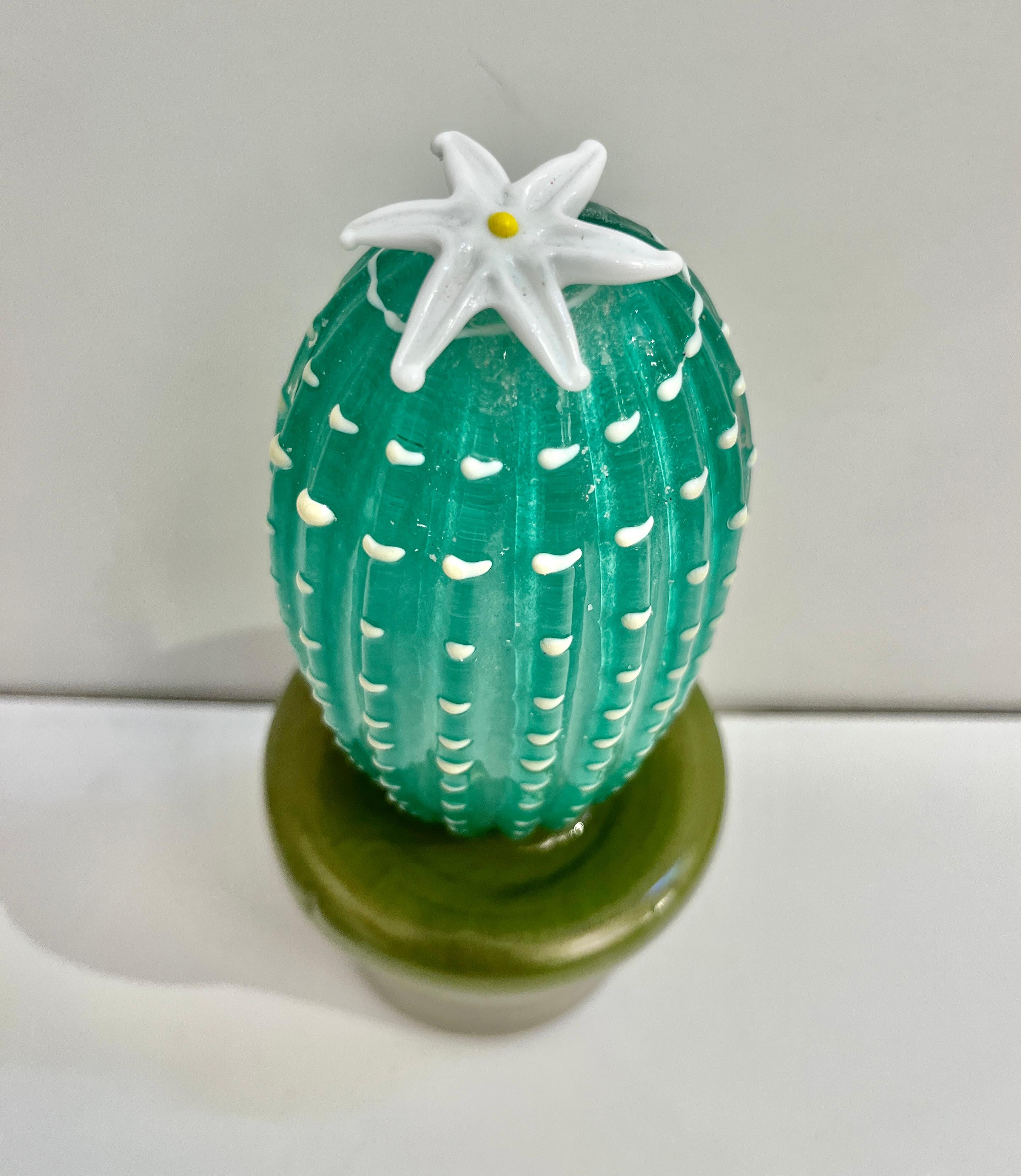 Contemporary Italian highly collectible potted glass cactus of limited edition, entirely handcrafted in Murano, with modern Minimalist design blown by Fornace Mian, in a lifelike organic modernist shape in overlaid aqua green Murano glass