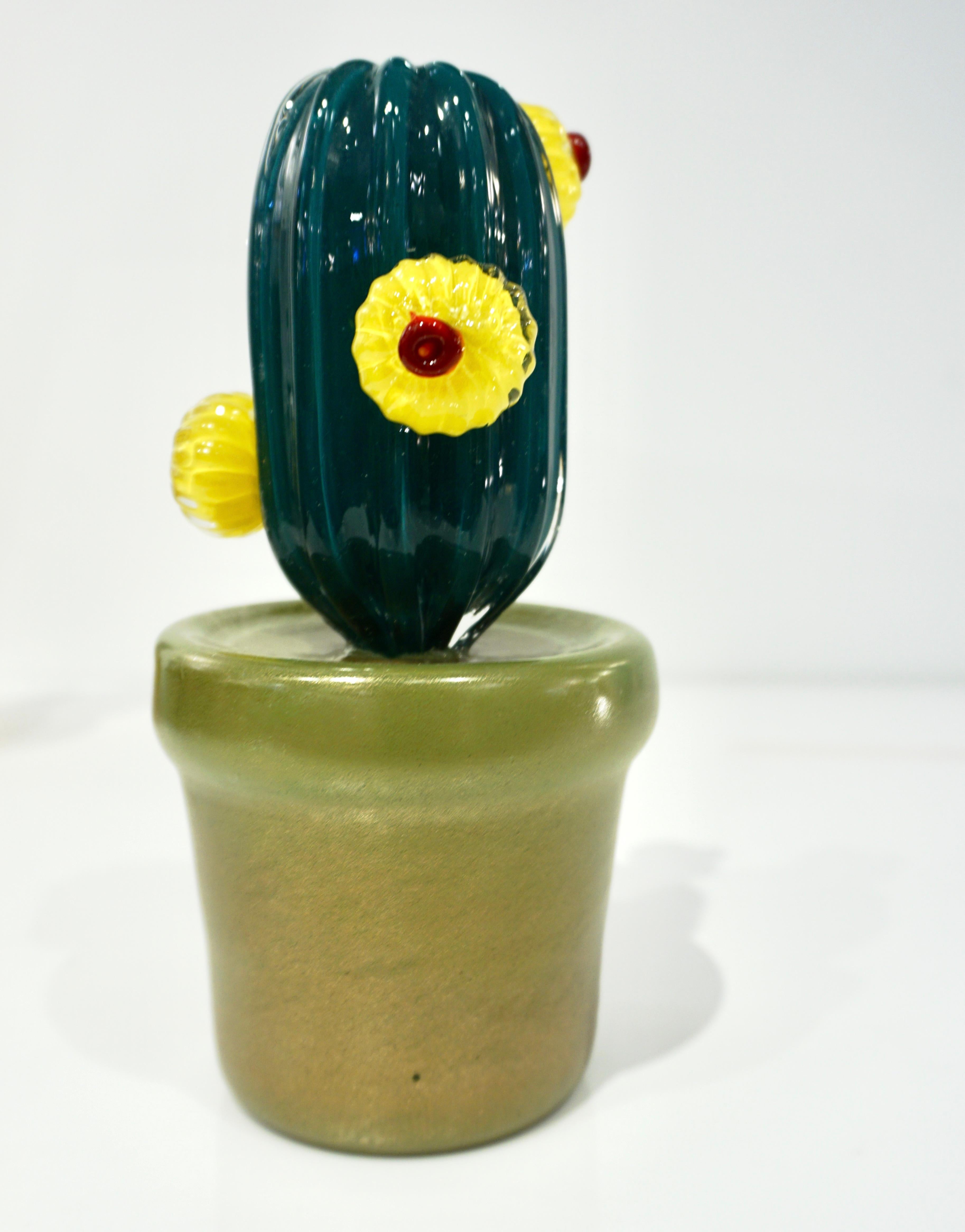 2000s Italian Teal Gold Green Murano Art Glass Cactus Plant with Yellow Flowers For Sale 4