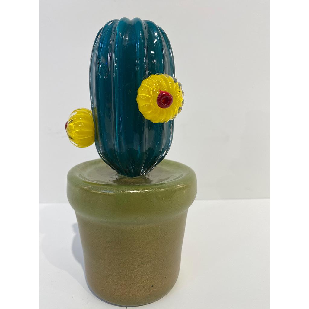 2000s Italian Teal Gold Green Murano Art Glass Cactus Plant with Yellow Flowers For Sale 6