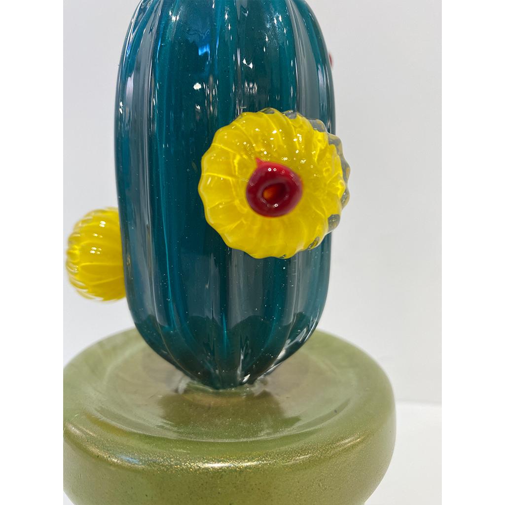 2000s Italian Teal Gold Green Murano Art Glass Cactus Plant with Yellow Flowers For Sale 7