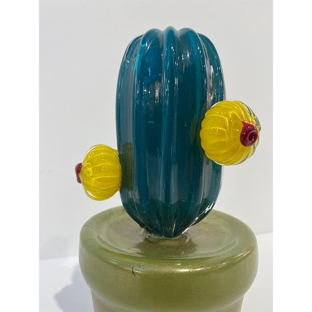 2000s Italian Teal Gold Green Murano Art Glass Cactus Plant with Yellow Flowers For Sale 8