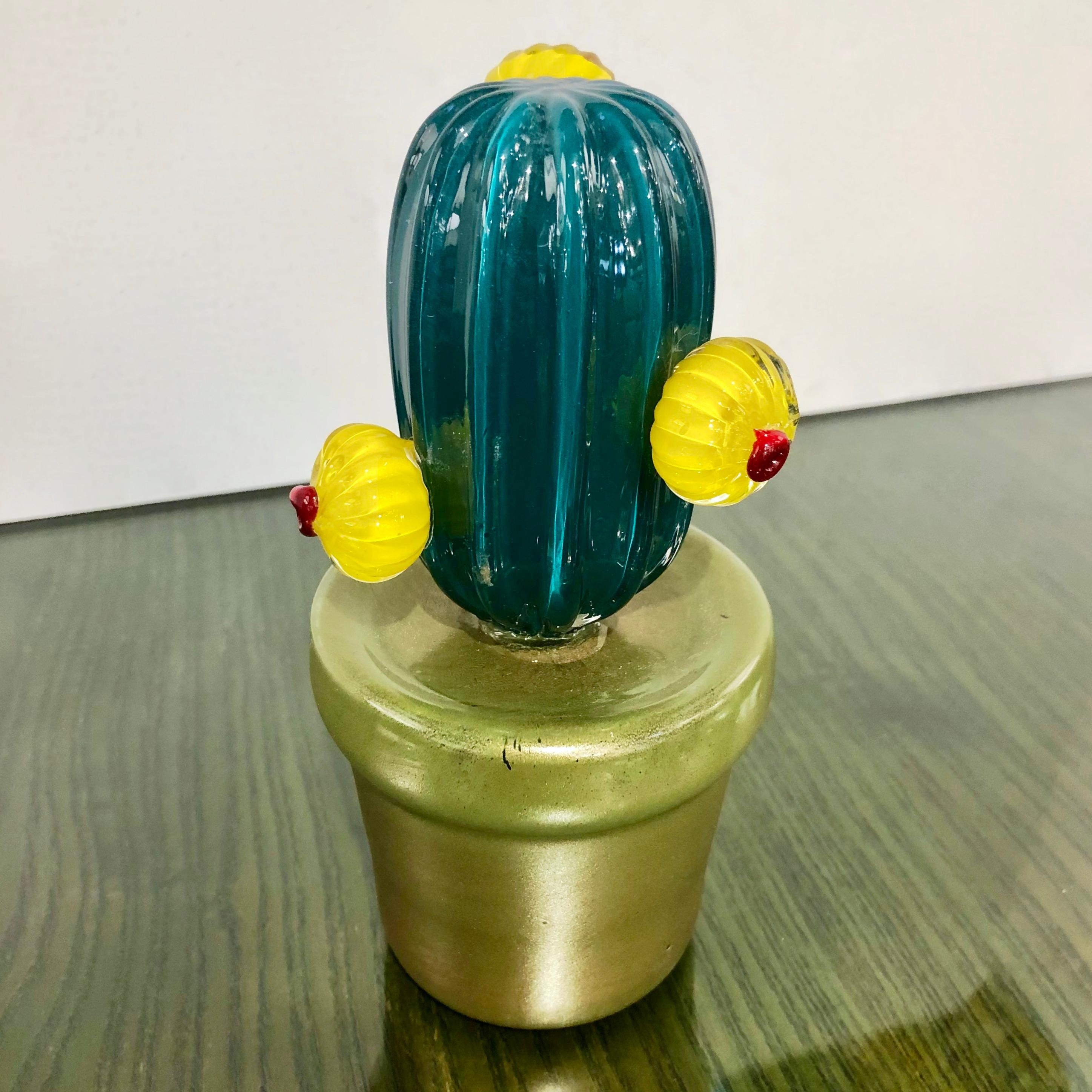 Contemporary Italian highly collectible potted glass cactus of limited edition, entirely handcrafted in Murano, with modern Minimalist design blown by Fornace Mian, with lifelike organic modernist shape in teal green textured Murano glass