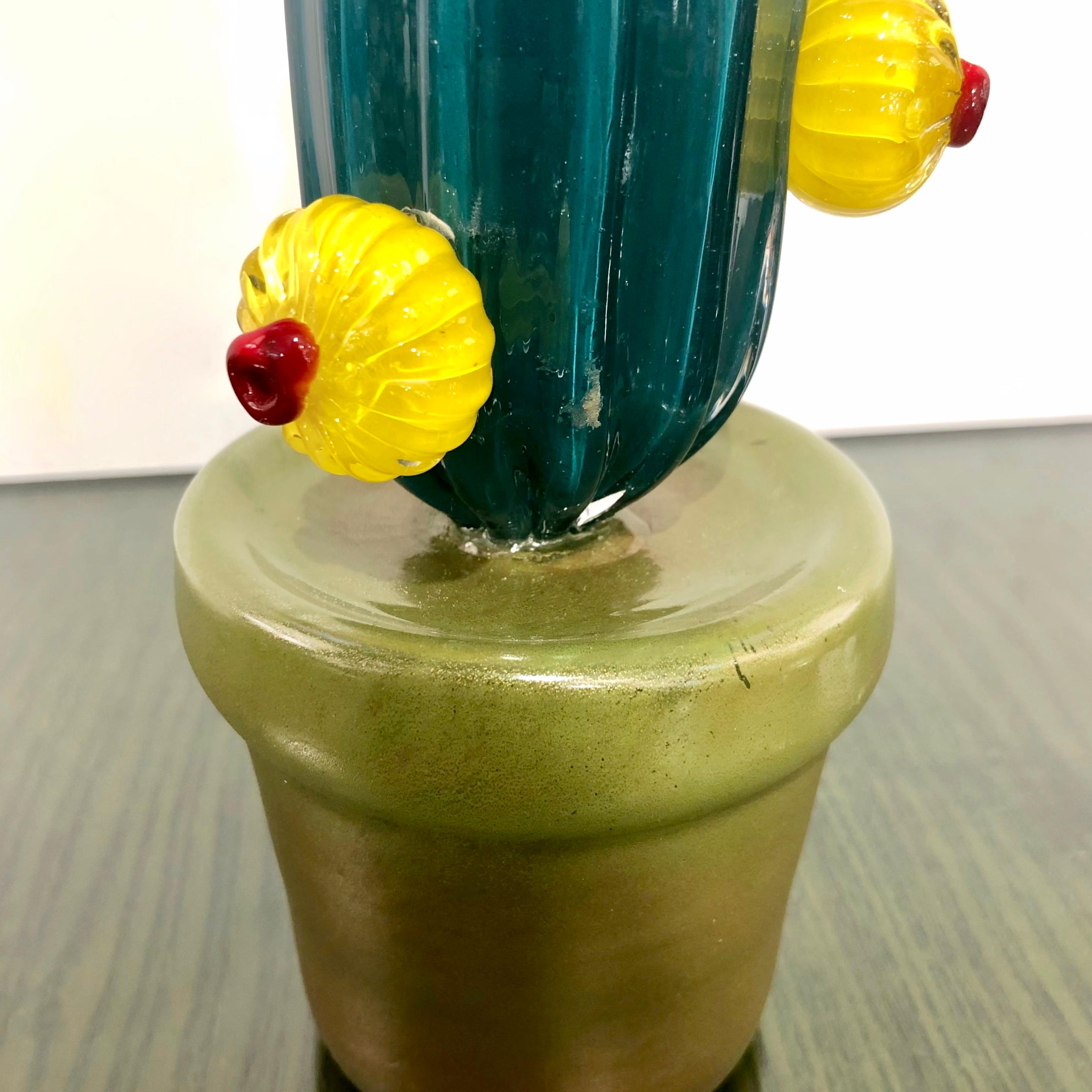 Organic Modern 2000s Italian Teal Gold Green Murano Art Glass Cactus Plant with Yellow Flowers For Sale